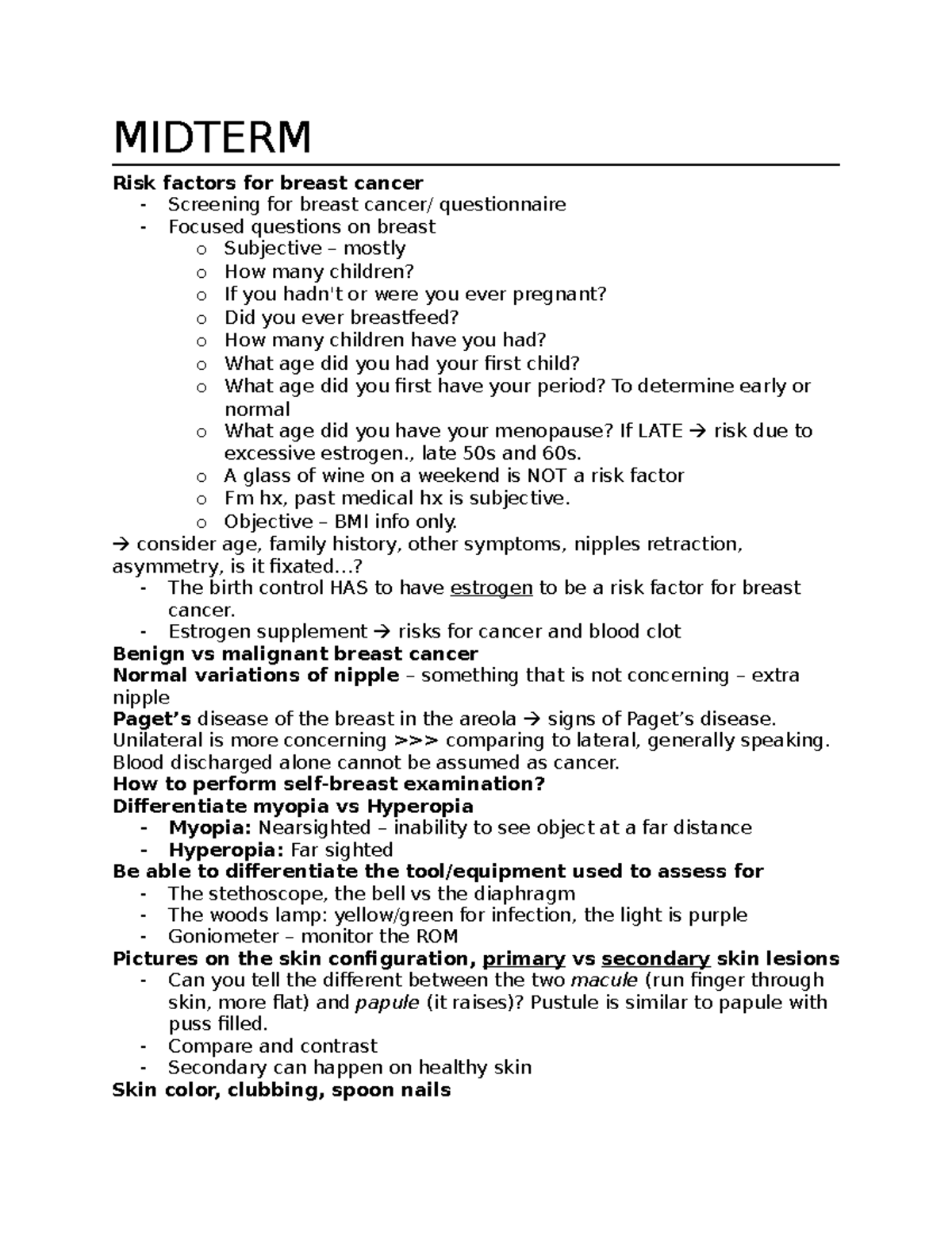 NUR 101 Midterm Exam Review: Key Risk Factors & Assessment Techniques ...