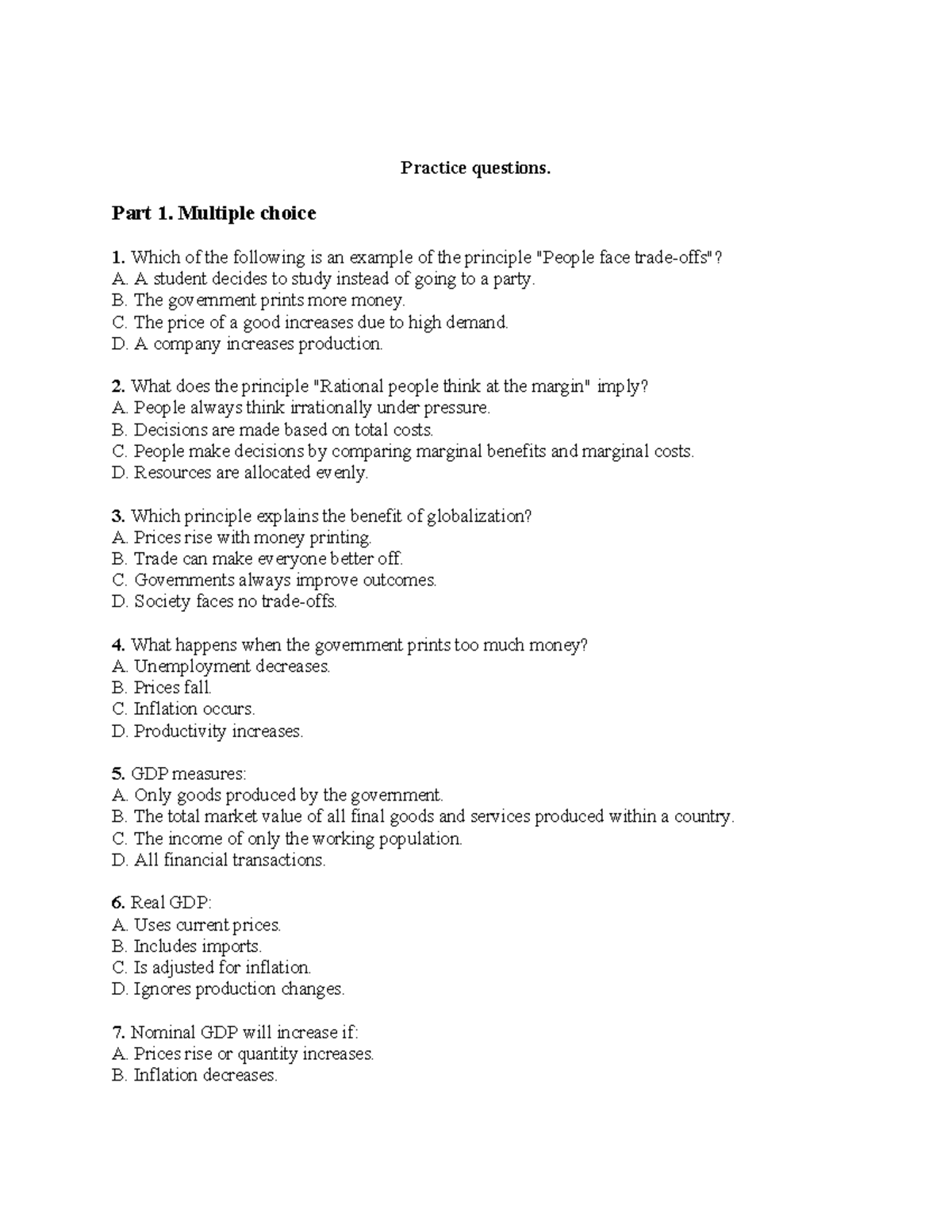Midterm Practice Questions for Economics (ECO101) - No Solutions - Studocu