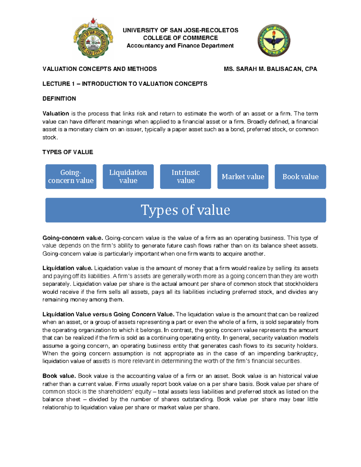 Acctg 106 Lecture 1: Intro to Valuation Concepts & Methods - Document Preview