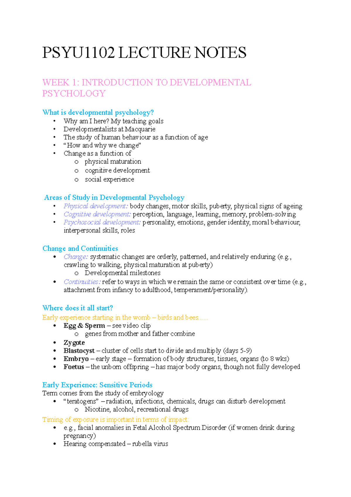 Psyu1102 Lecture Notes: Insights into Developmental Psychology - Studocu