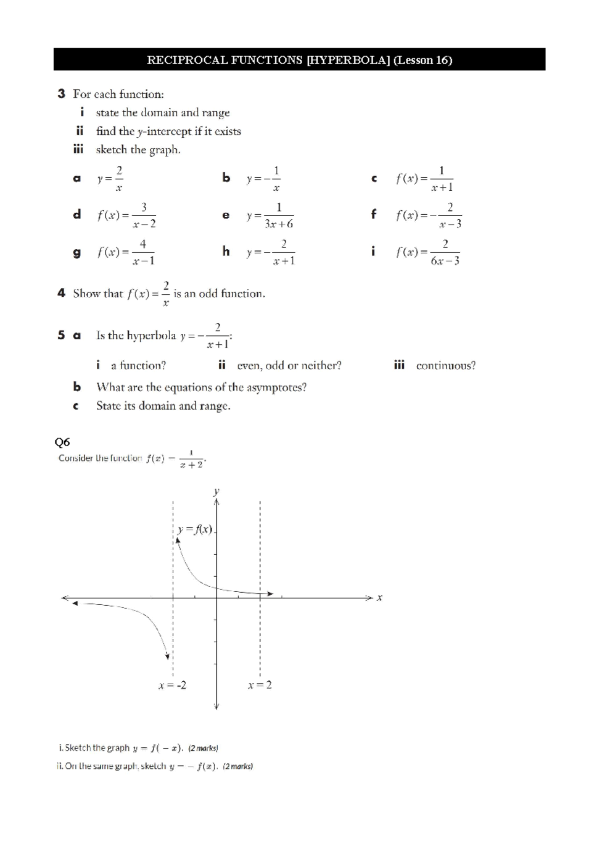 Lesson 16 - Overview of Reciprocal Functions and Hyperbolas - Studocu