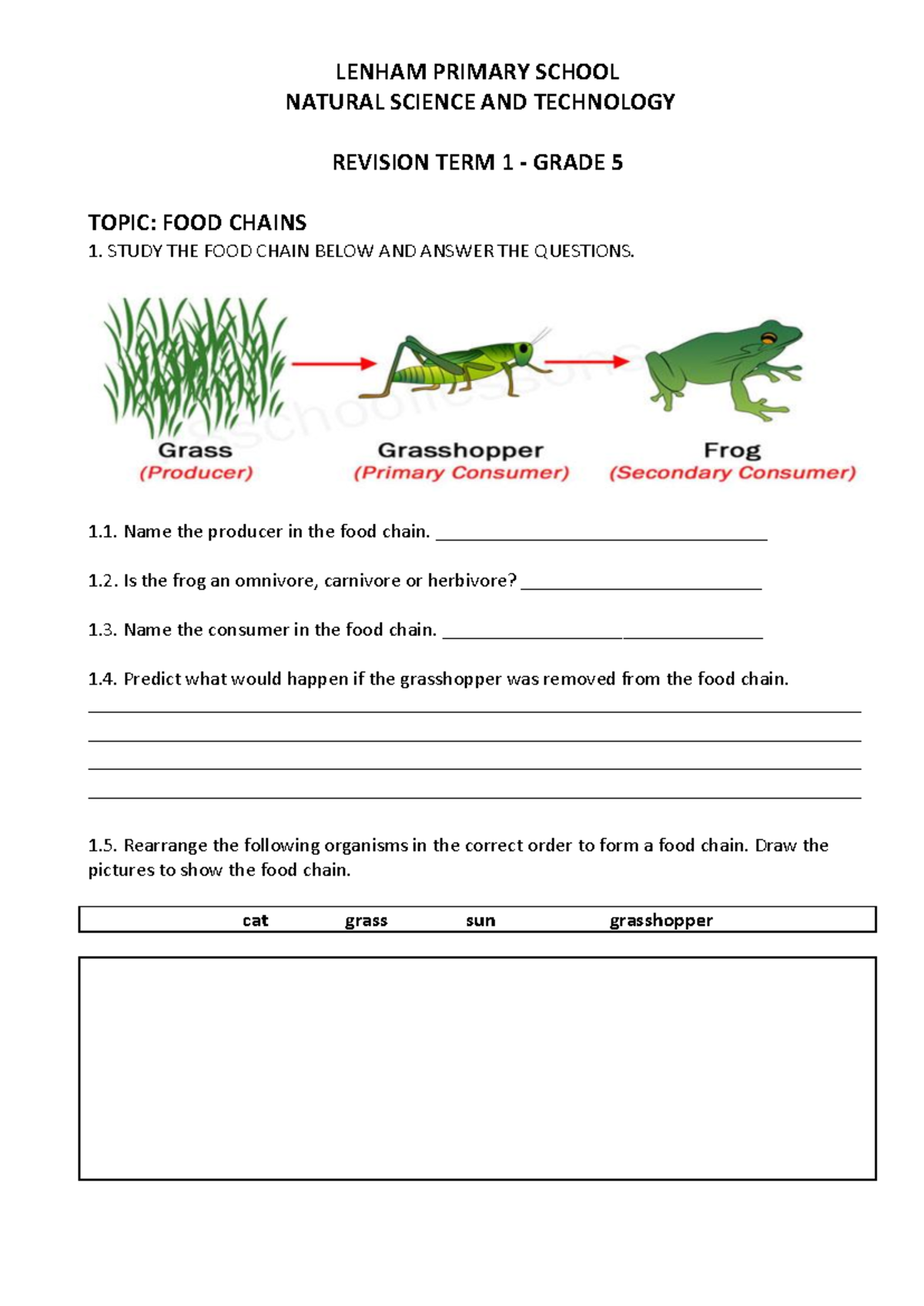 LENHAM PRIMARY SCHOOL NST GRADE 5 TERM 1 REVISION: FOOD CHAINS - Studocu