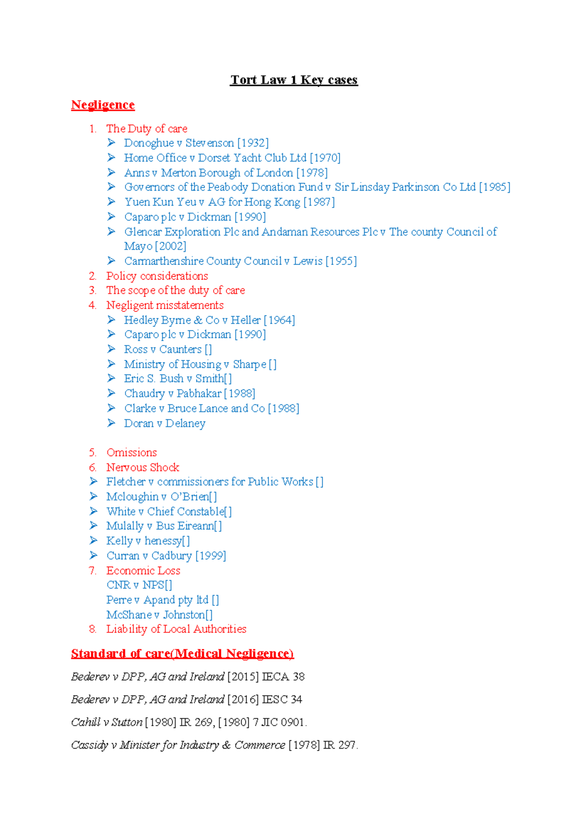 Tort Law 1: Key Cases and Principles of Negligence Analysis - Studocu