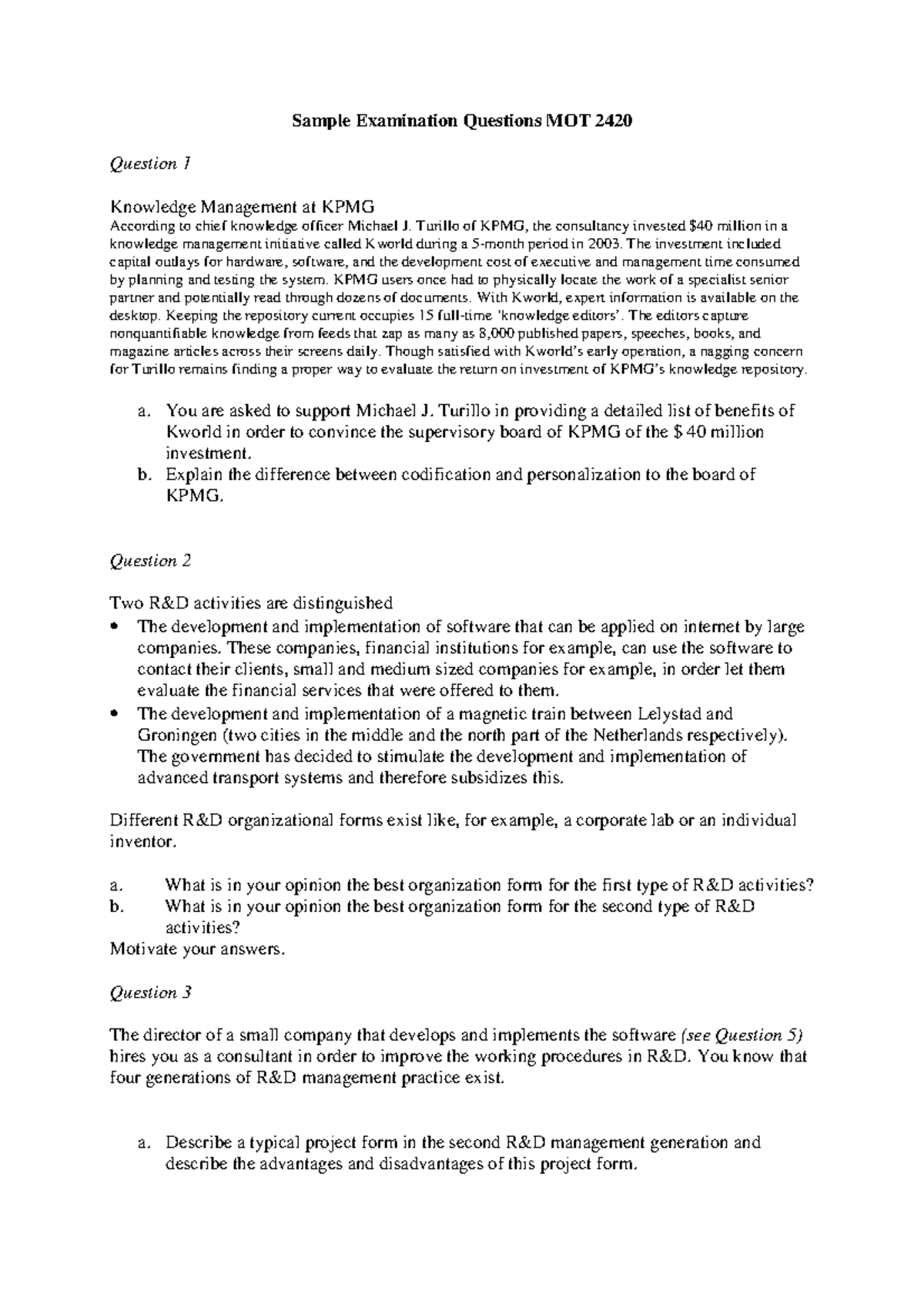 MOT 2420 Final Exam: 2012 Practice Questions on Knowledge Management ...