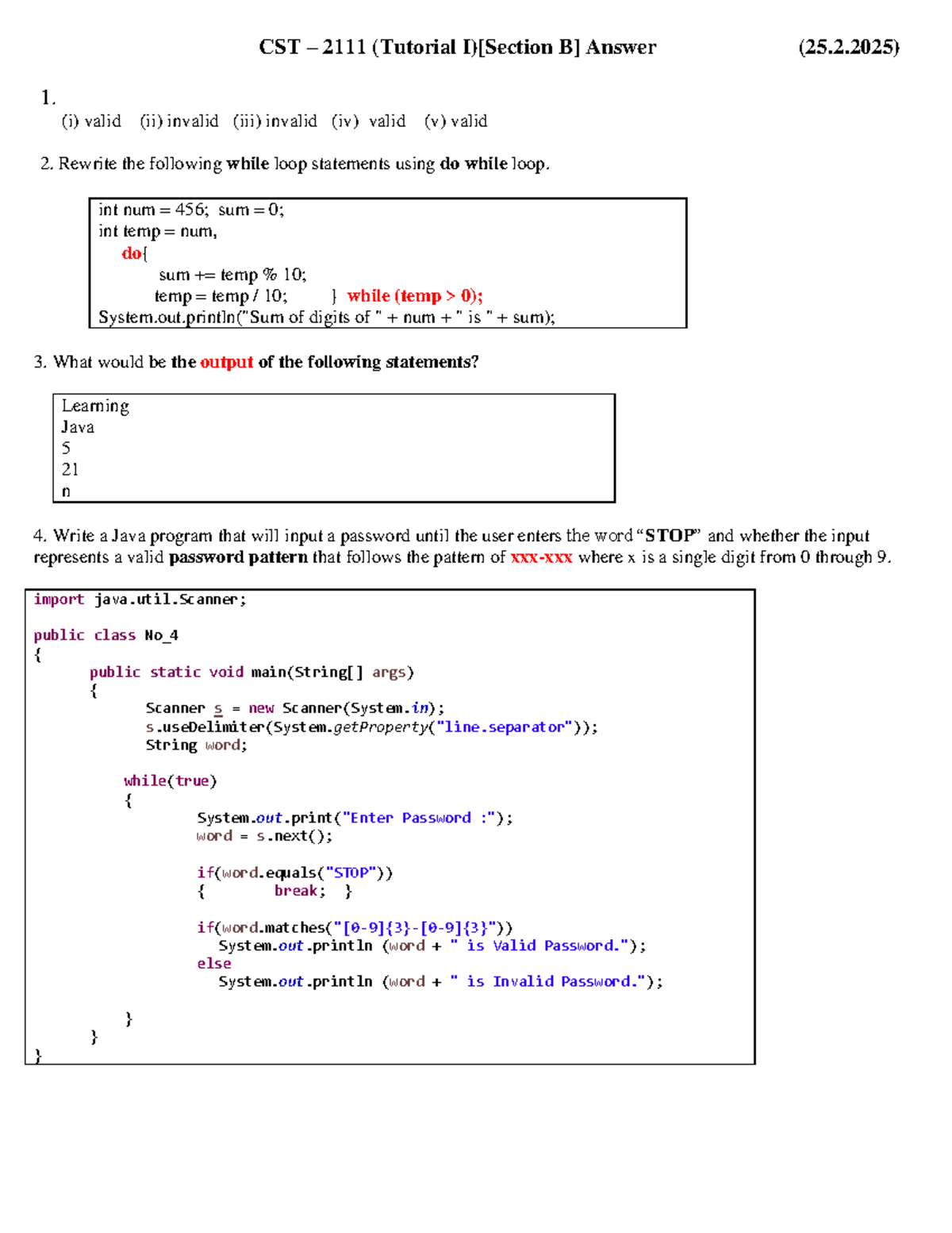 CST-2111 Tutorial I (Sec B) Answer Key and Java Code Solutions - Studocu