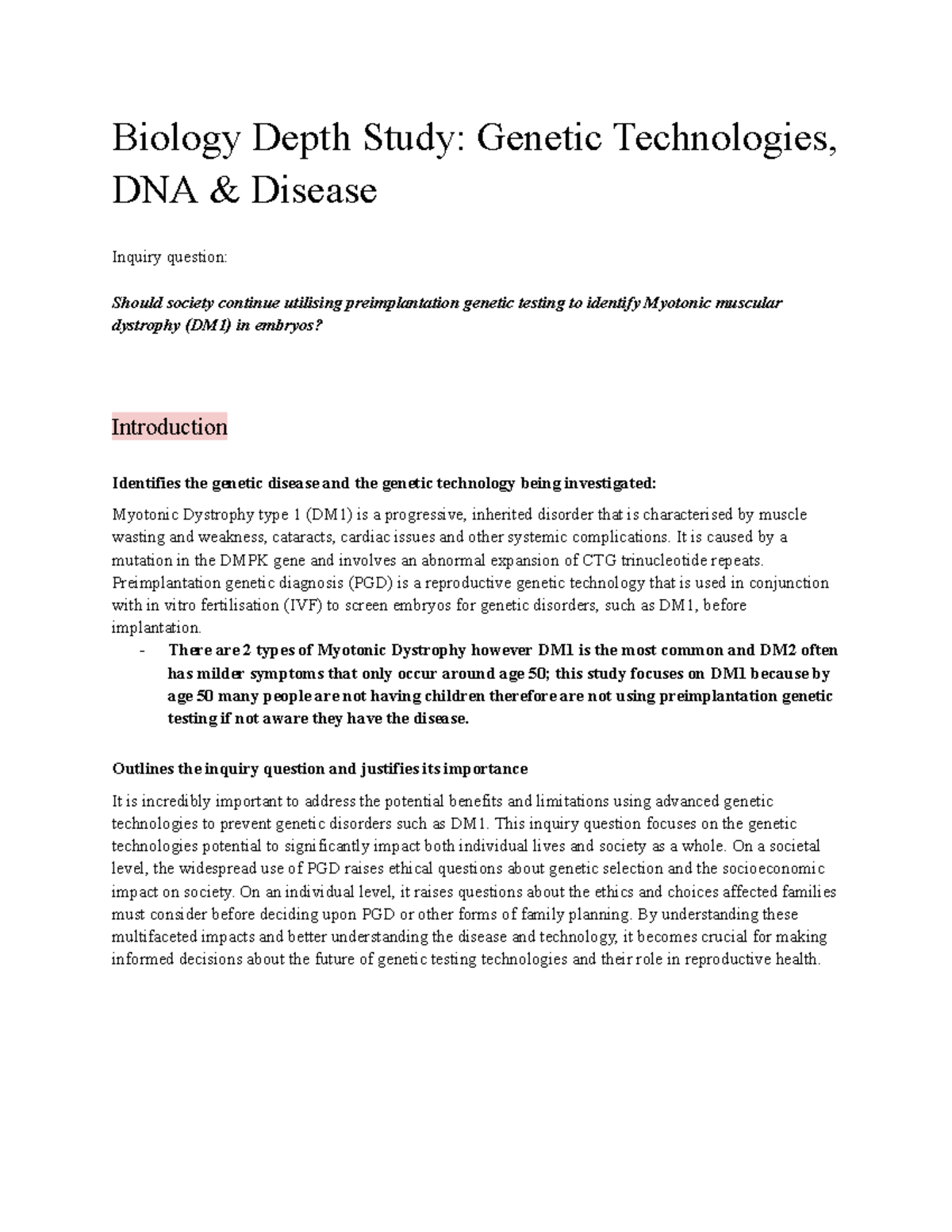 Biology Depth Study: PGD for Myotonic Dystrophy (DM1) Ethics ...
