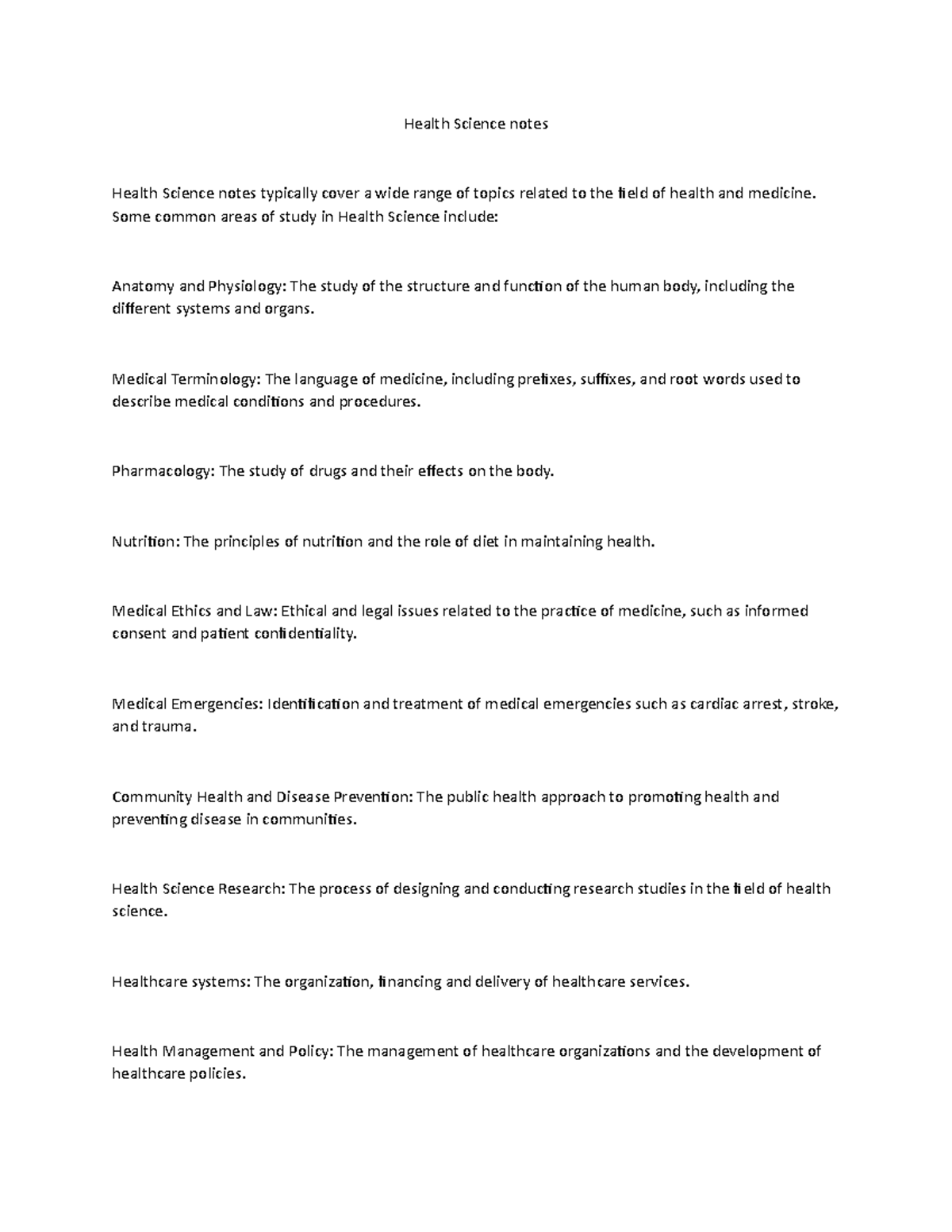 Health Science Overview: Key Concepts & Topics for Study - Studocu