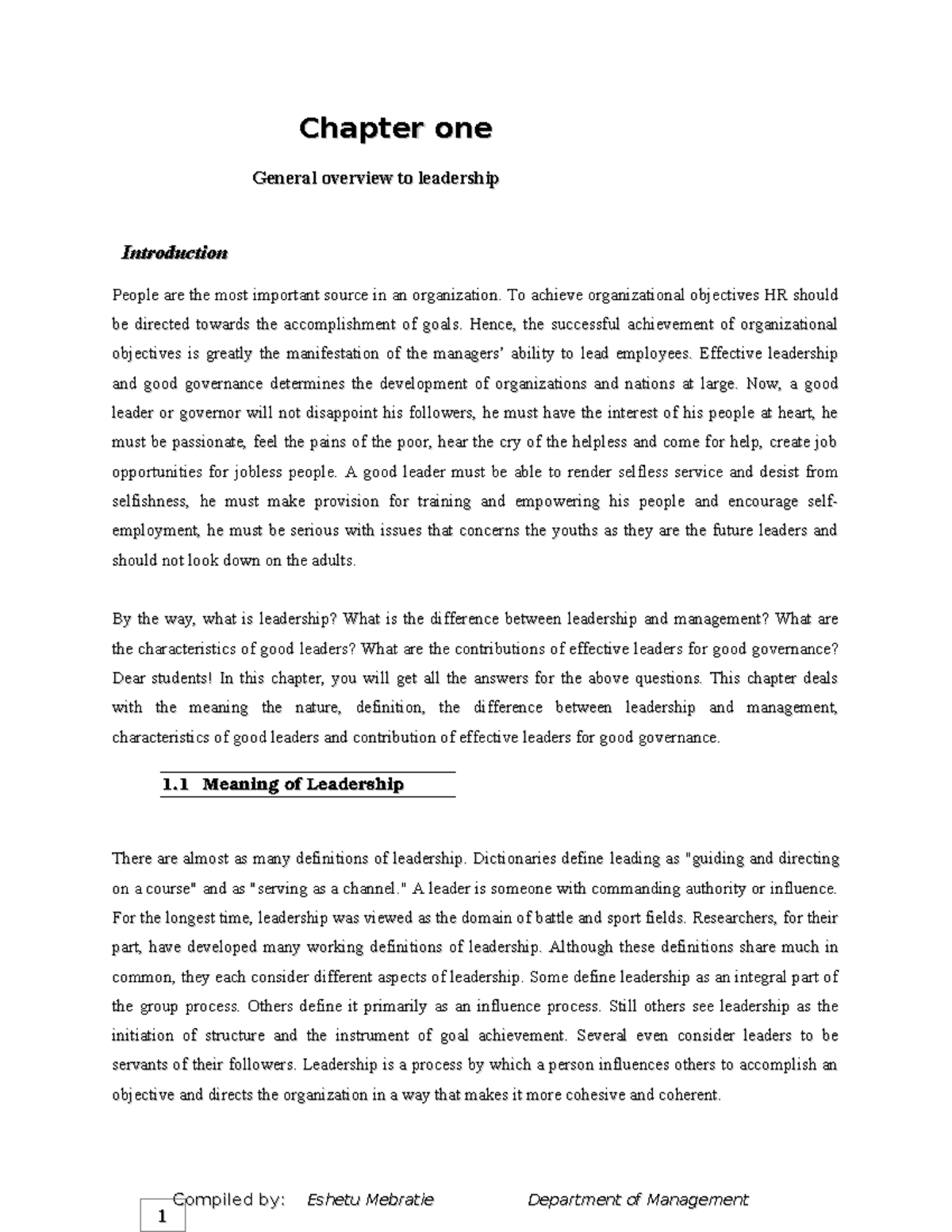 Chapter 1: Overview of Leadership - Course Code: MGT101 - Studocu