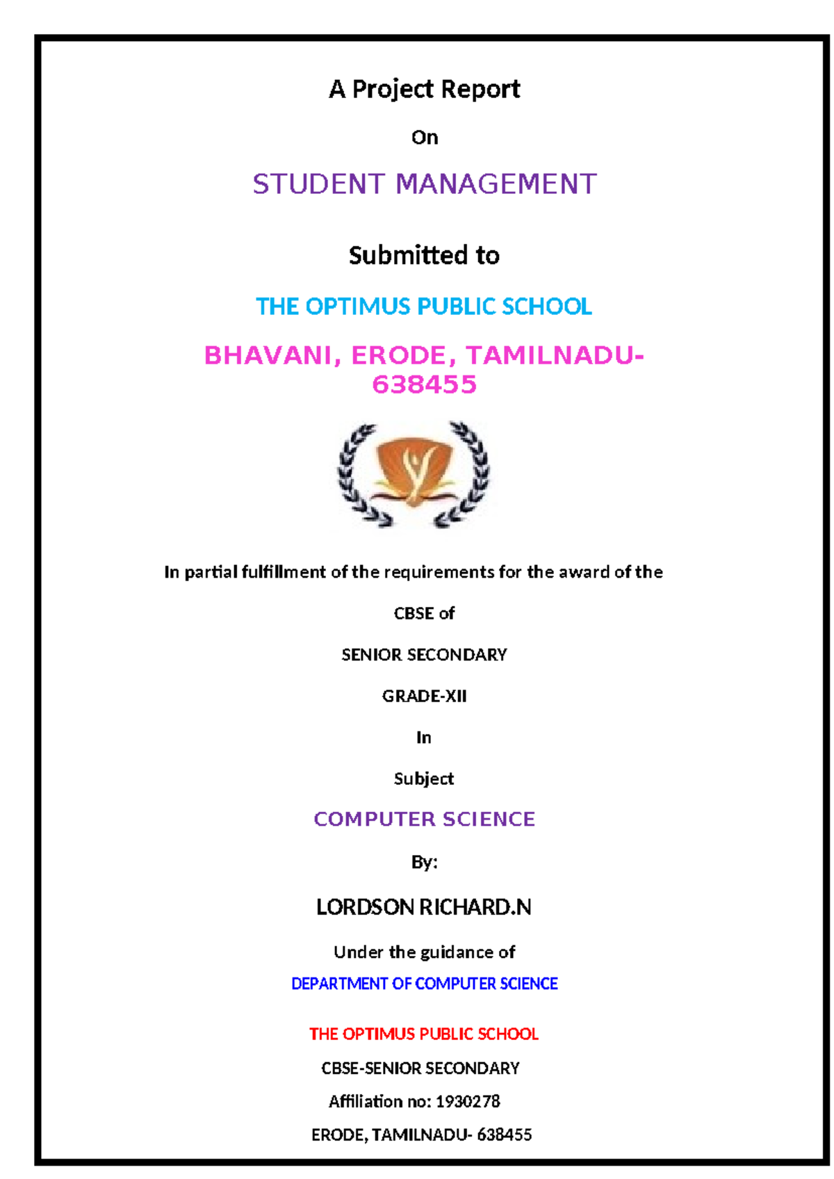 Student Management System Project Report - CBSE Grade XII - Studocu