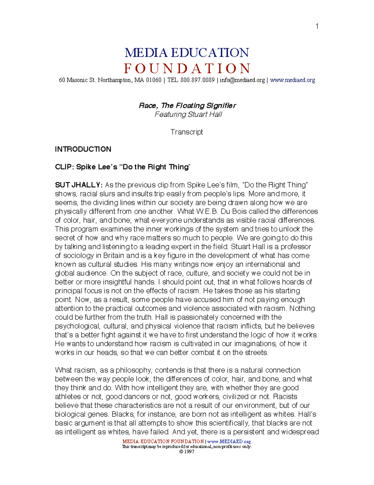 Stuart Hall's Lecture on Race: The Floating Signifier Transcript - Studocu