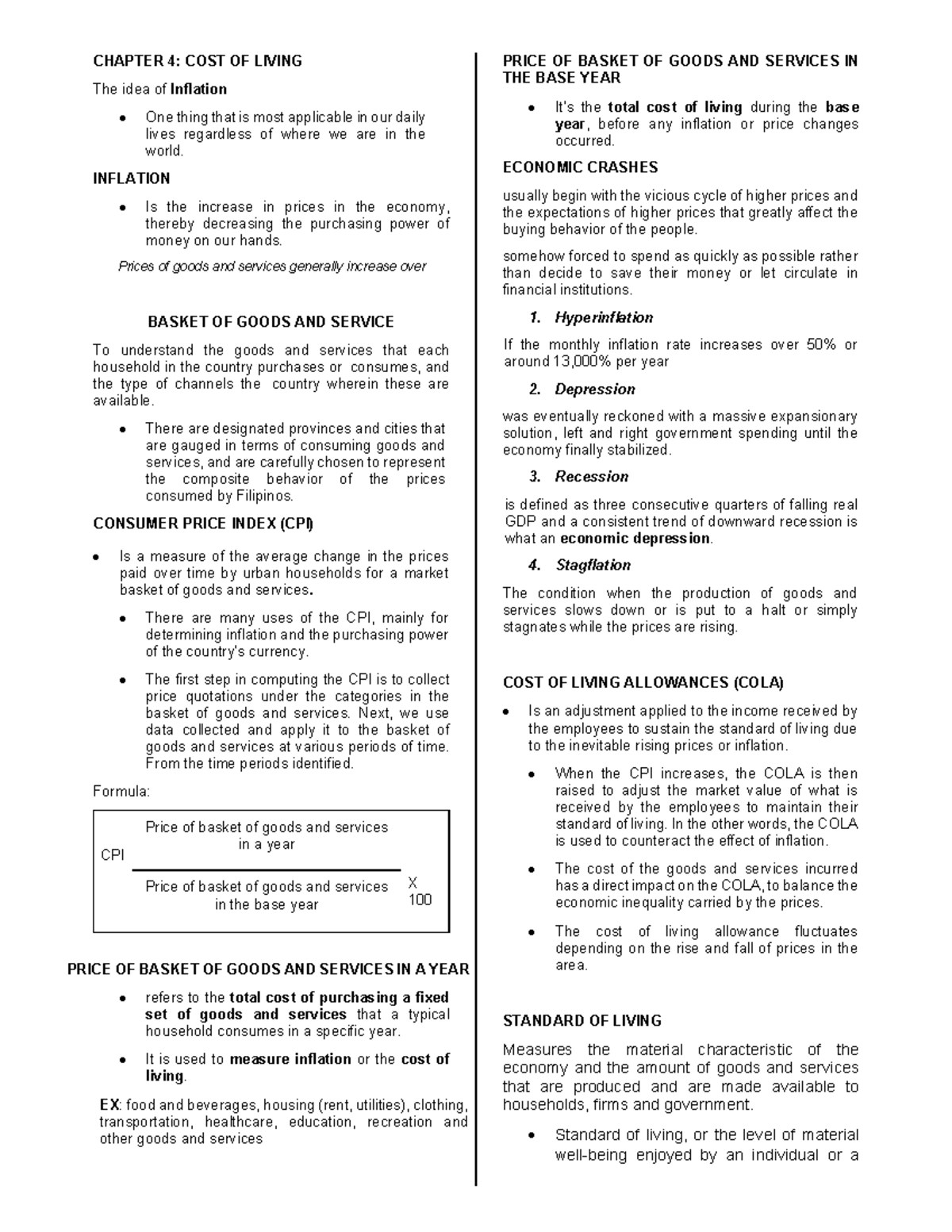 CHAPTER 4: COST OF LIVING AND INFLATION ANALYSIS (Econ Dev) - Studocu