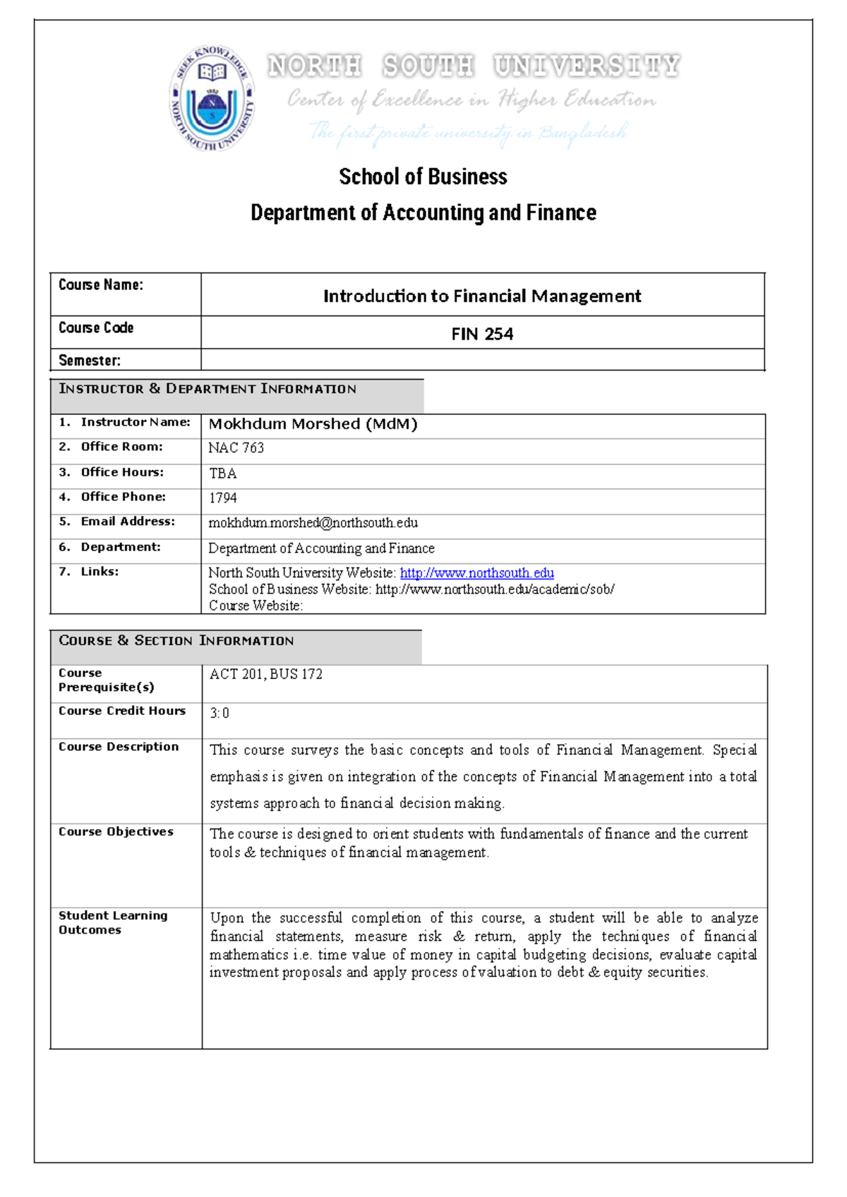 FIN254 Introduction to Financial Management Course Outline - Studocu