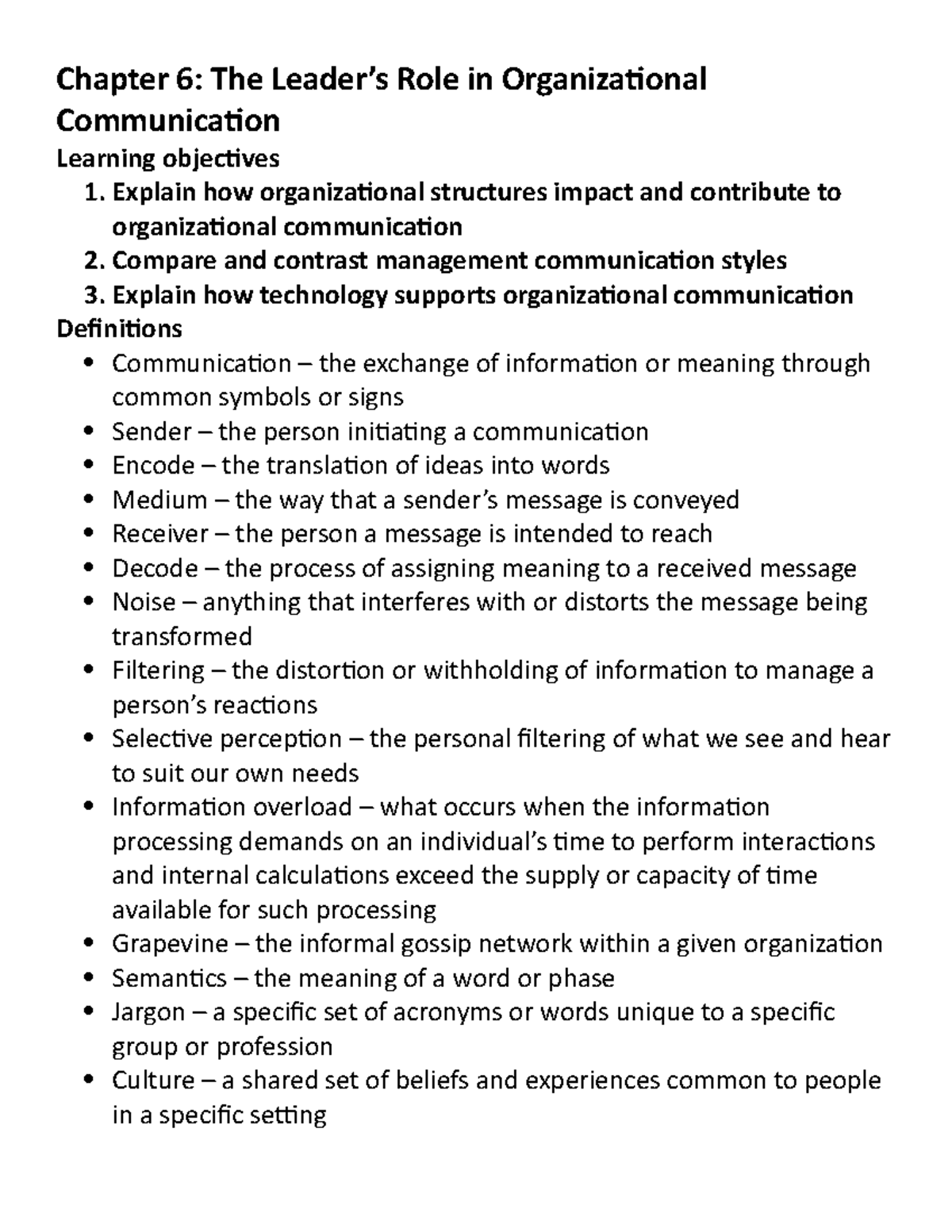 Chapter 6 Notes: The Leader’s Role in Organizational Comm. - Studocu