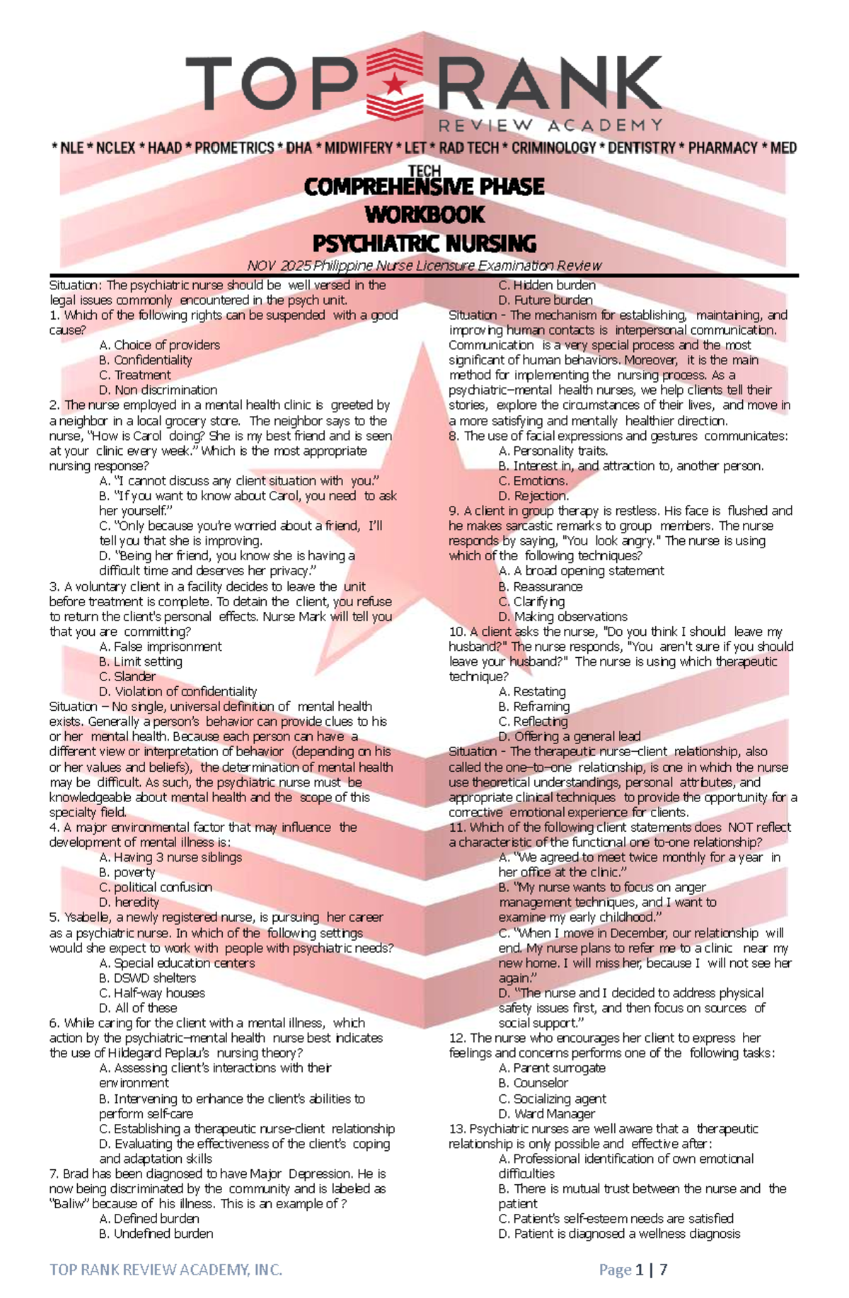 Comprehensive Phase Workbook for Psychiatric Nursing (SC) - Nov 2025 Review - Document Preview