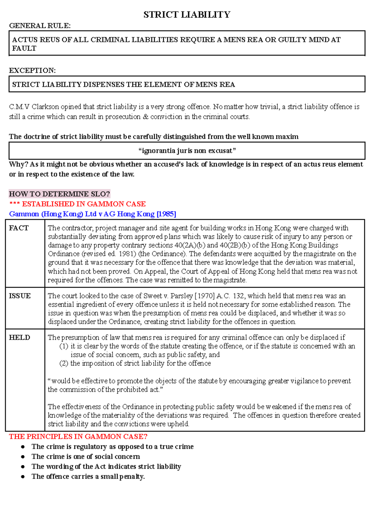 Strict Liability in Criminal Law: Understanding SLO and Mens Rea - Studocu