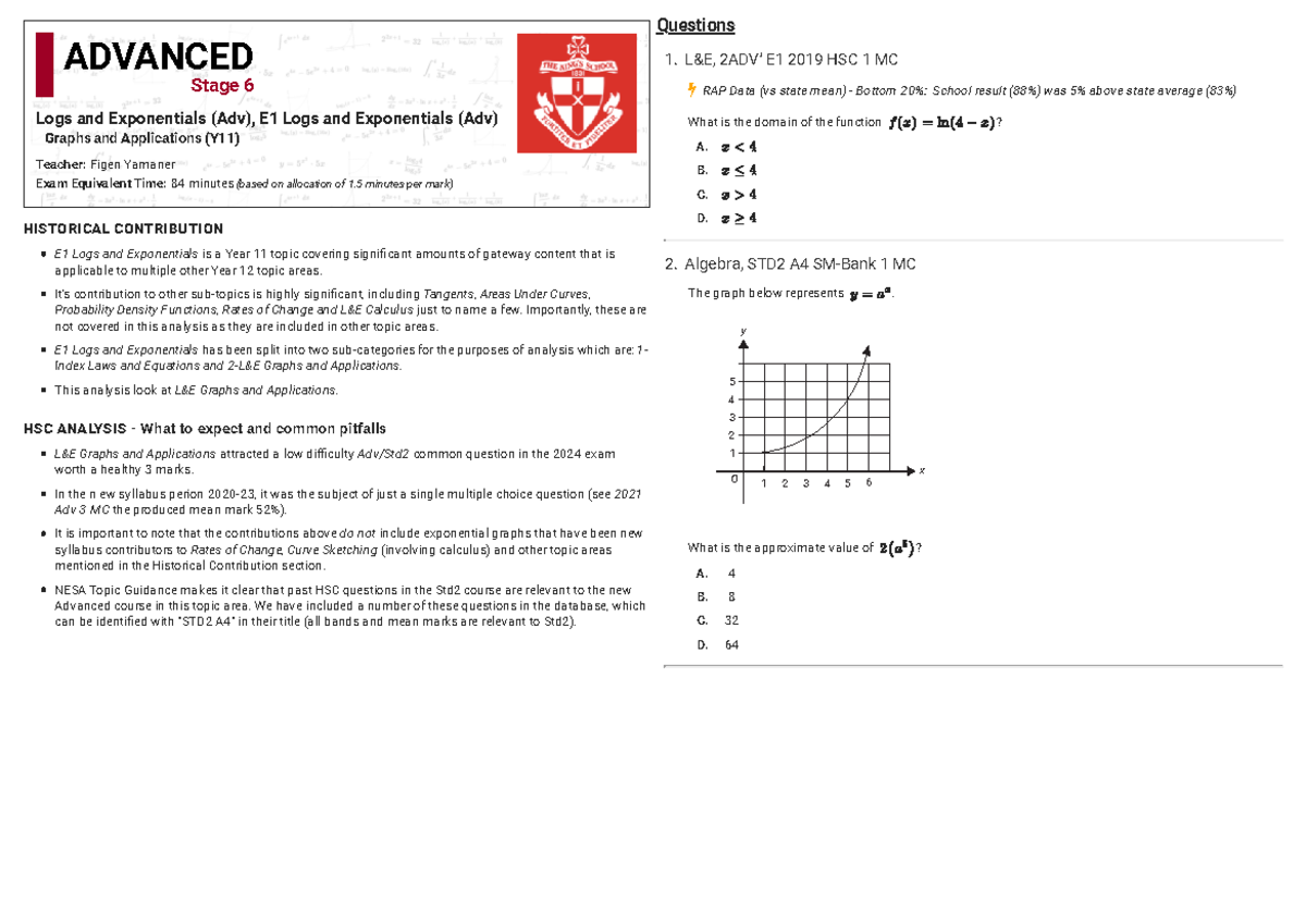 11 Past HSC Questions Revision: E1 Logs & Exponentials (Adv) - Studocu