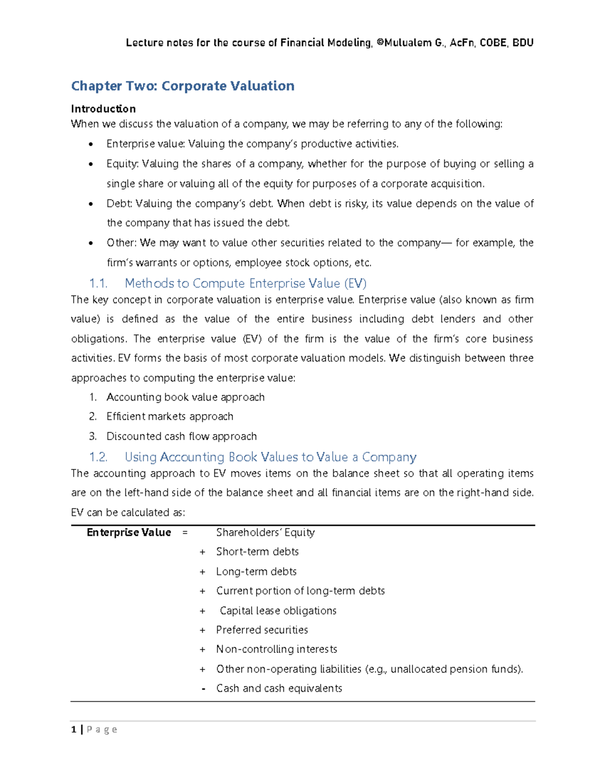 Lecture Notes - Financial Modeling (CH 2 & 3): Corporate Valuation ...