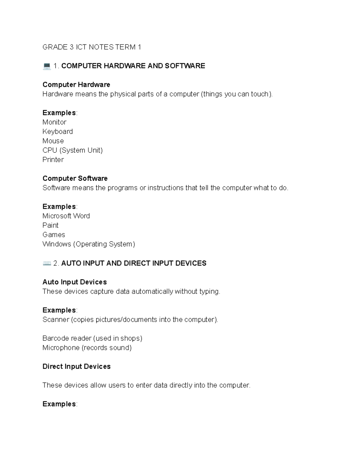 Grade 3 ICT Notes TERM 1 - Computer Hardware & Software Overview - Studocu