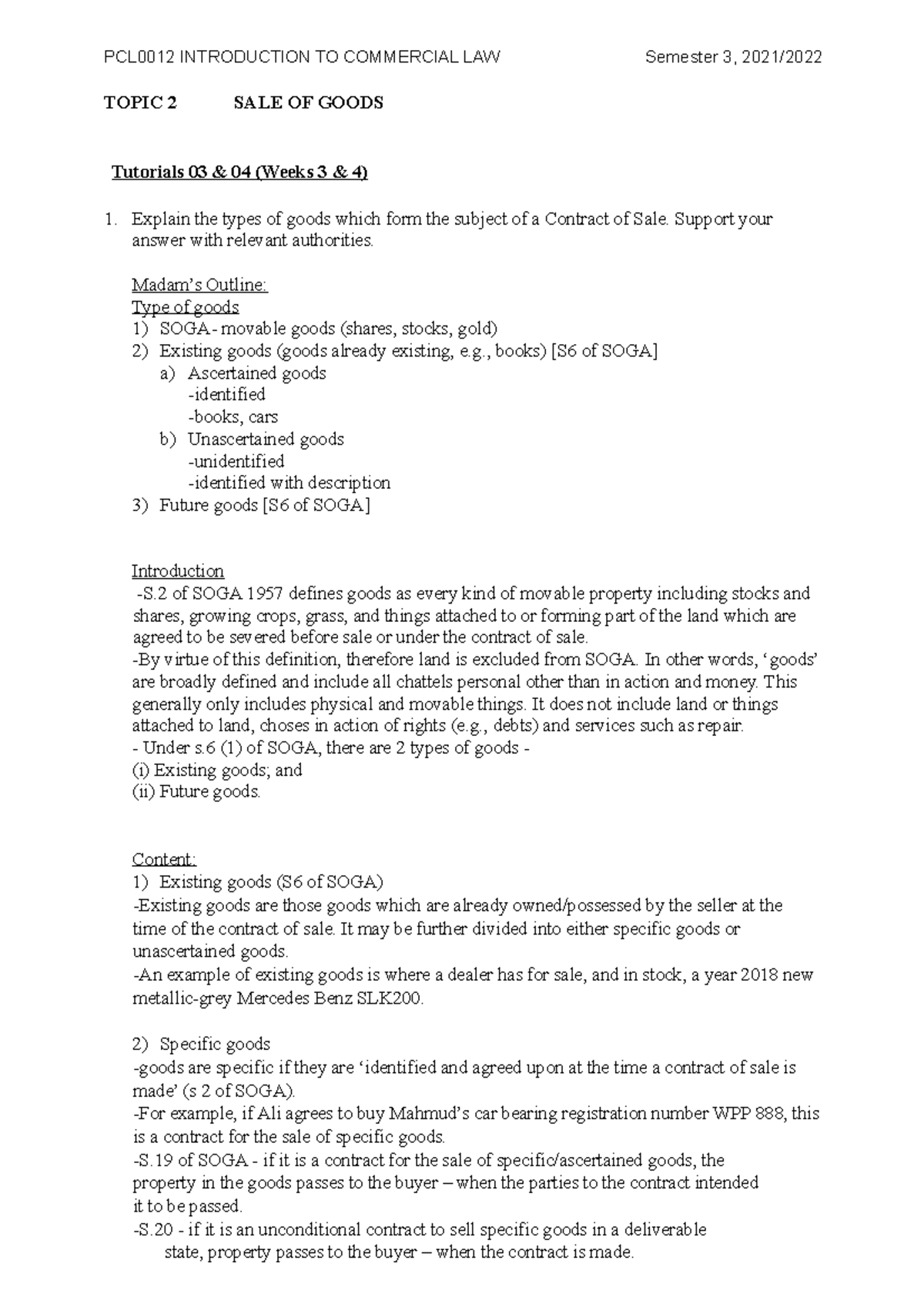 PCL0012 Commercial Law Lecture: Sale of Goods (Topic 2) Overview - Studocu