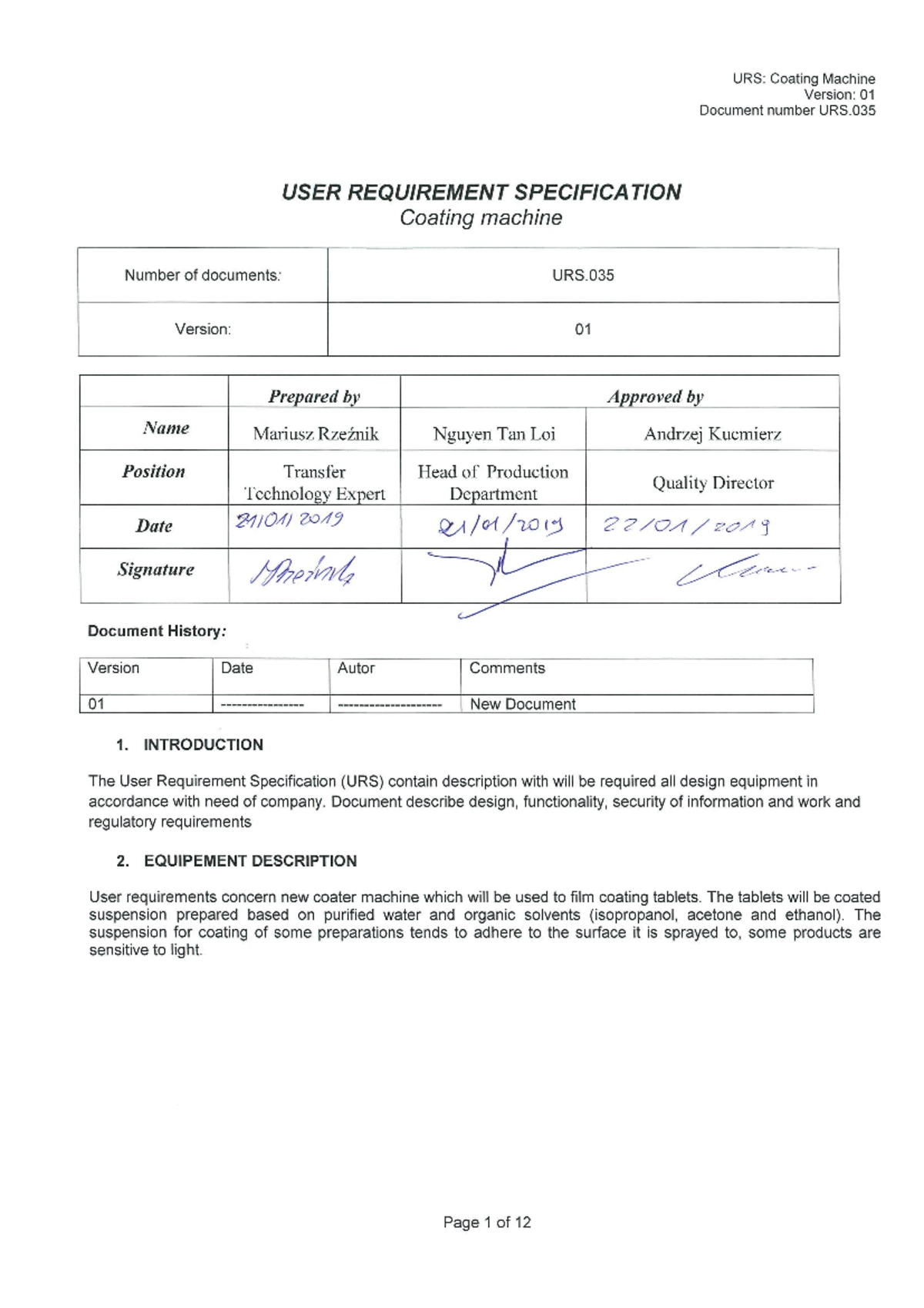 URS.035: User Requirement Specification for Coating Machine Version 01 ...