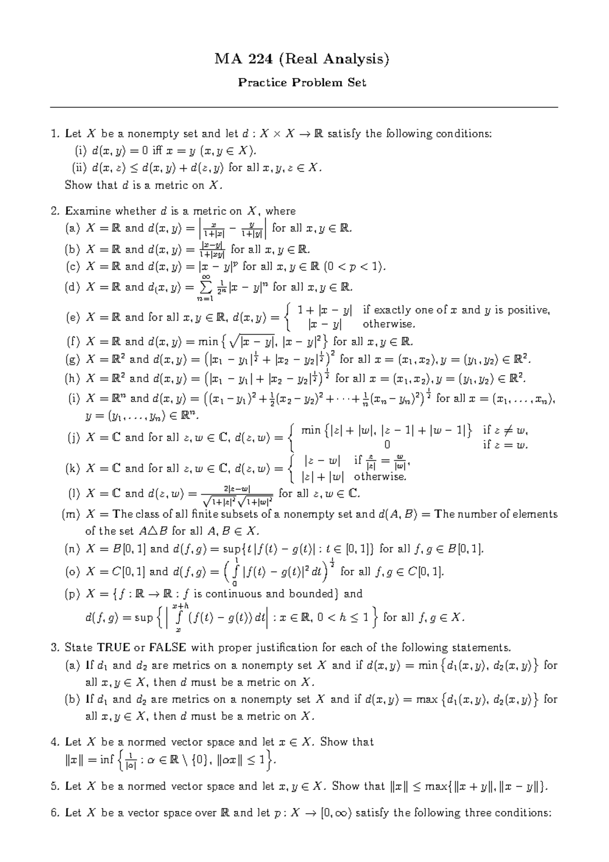 MA 224 (Real Analysis) Practice Problem Set Overview - Studocu