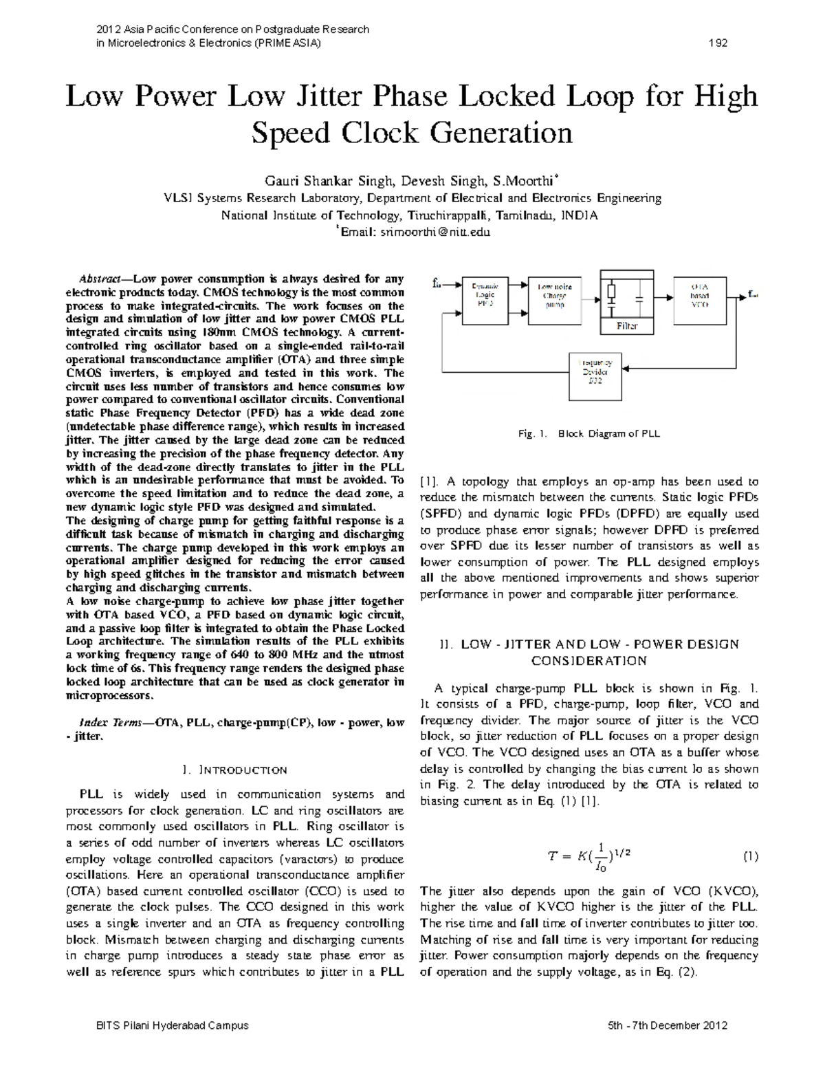 Low Power, Low Jitter CMOS PLL Design for Clock Generation (EE202 ...