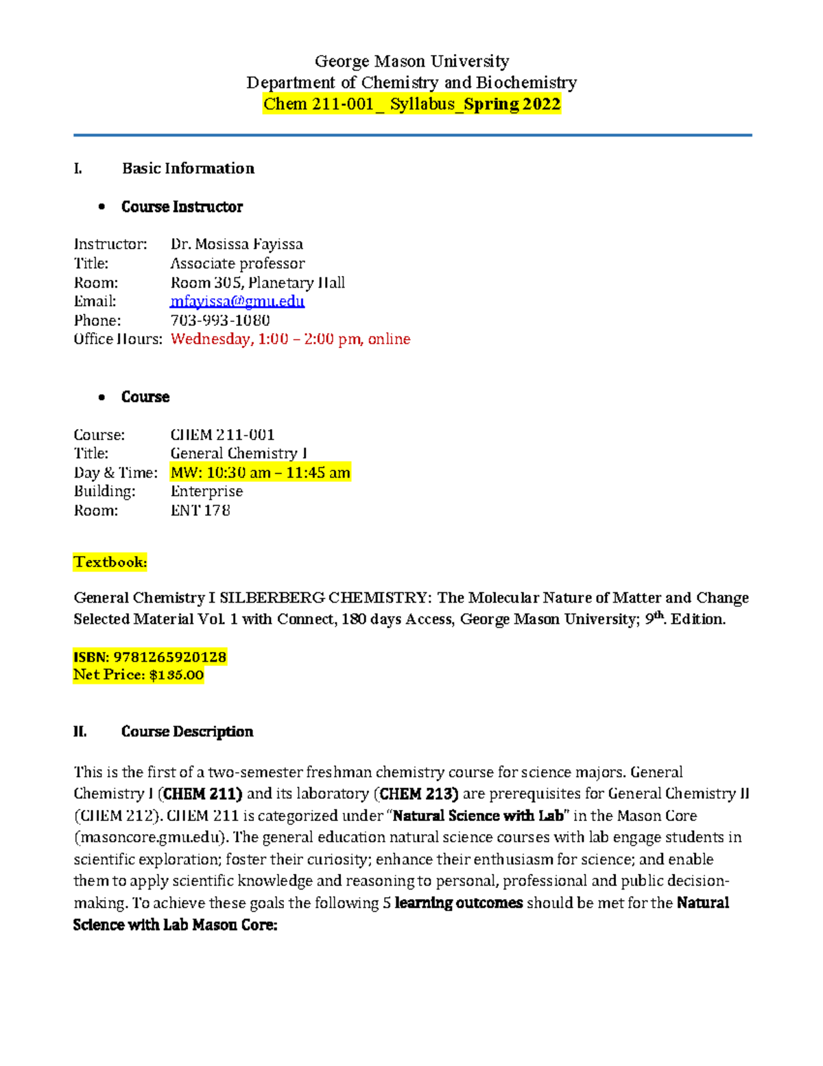 Chem 211 - General Chemistry I Syllabus Spring 2022 - Studocu