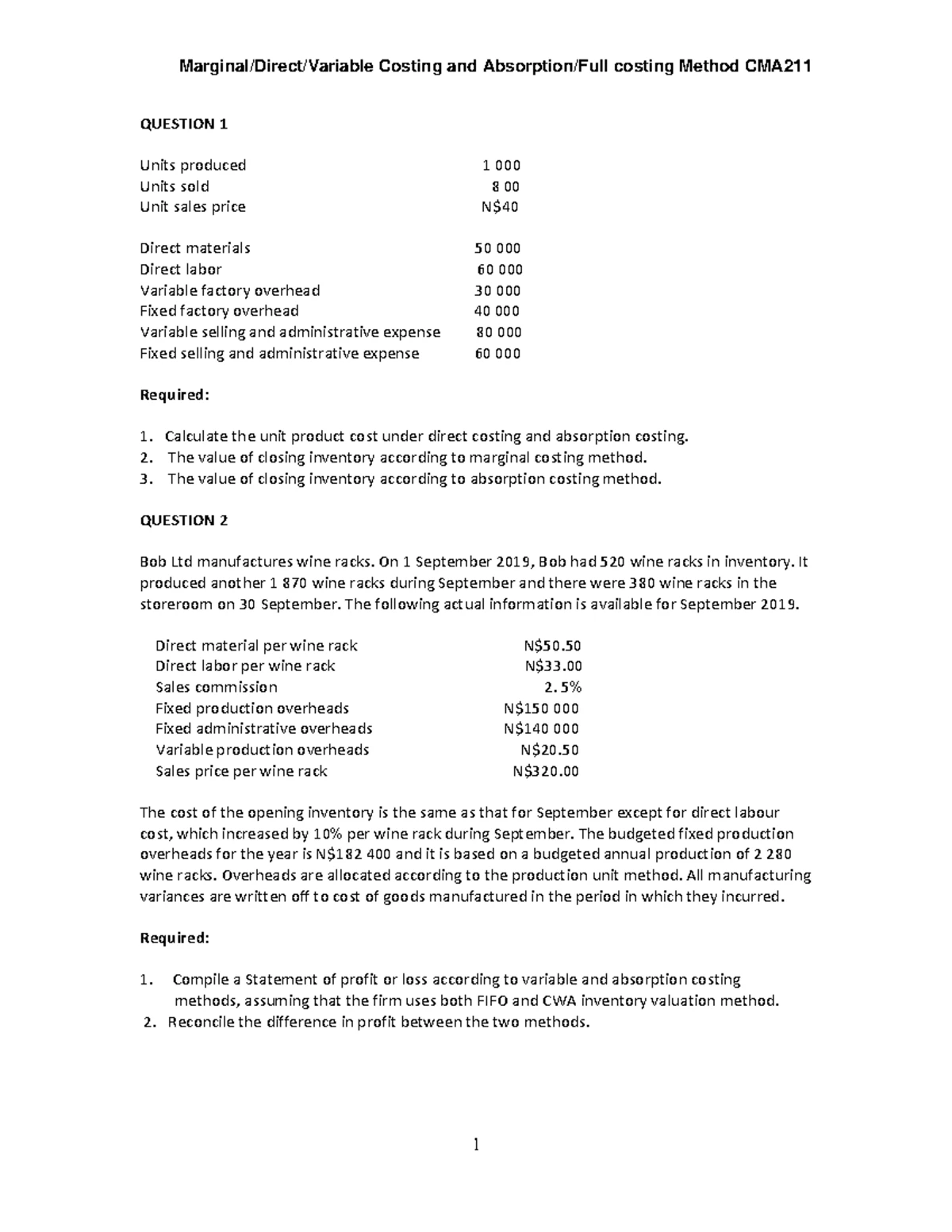 Marginal & Absorption Costing Quiz 1 Analysis & Calculation - Studocu
