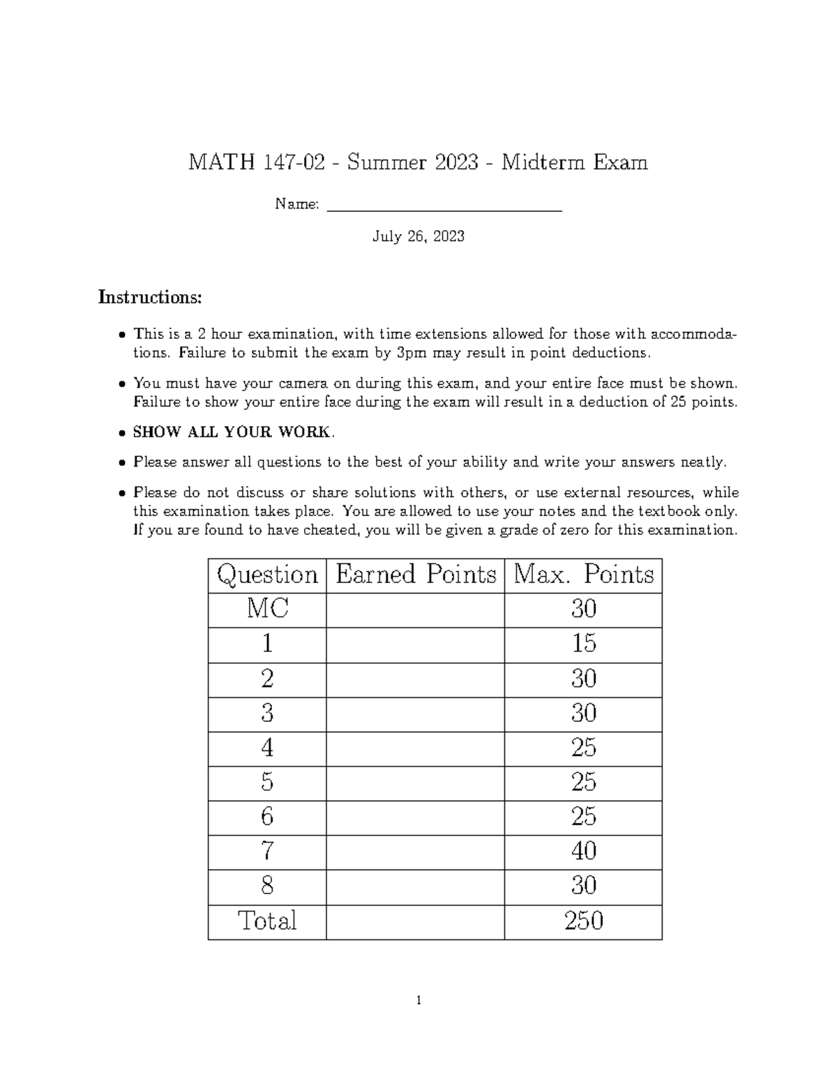 MATH 147 Midterm Exam Guidelines and Sample Questions - Studocu
