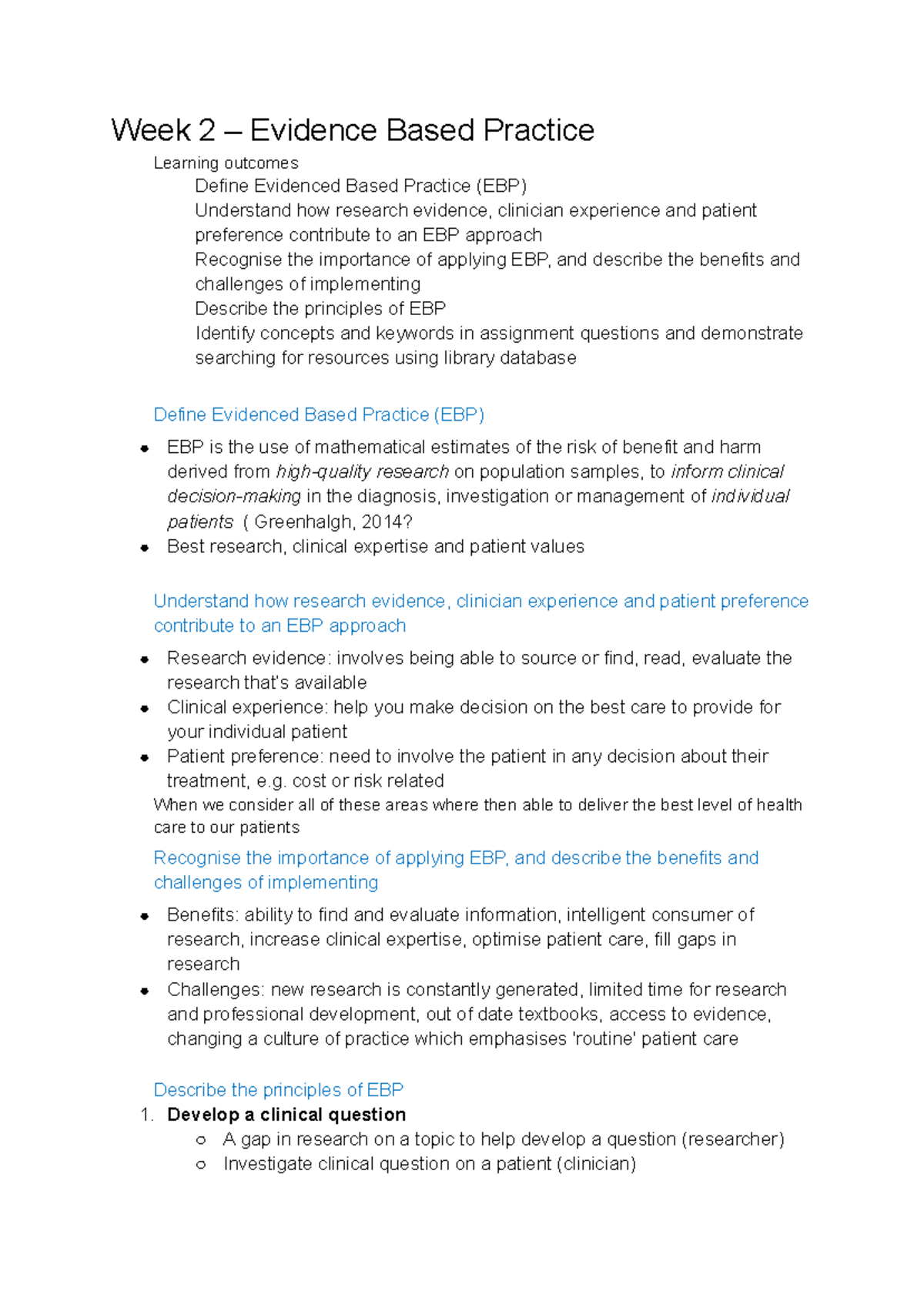 Week 2 EBP: Learning Outcomes & Principles of Evidence-Based Practice ...