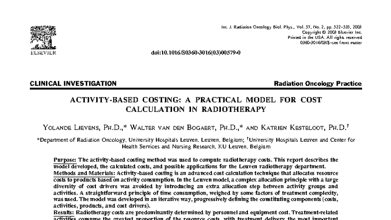 Activity-Based Costing in Radiotherapy: A Practical Model (ABC 2003 ...