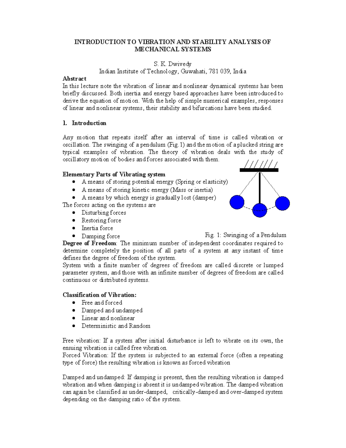 "Introduction to Vibration and Stability - Course Code: A6" - Studocu