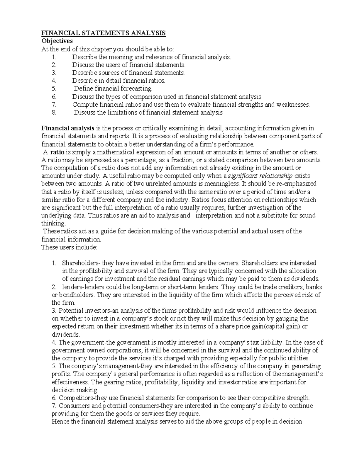 Financial Statement Analysis: Concepts, Ratios, and Limitations - Studocu