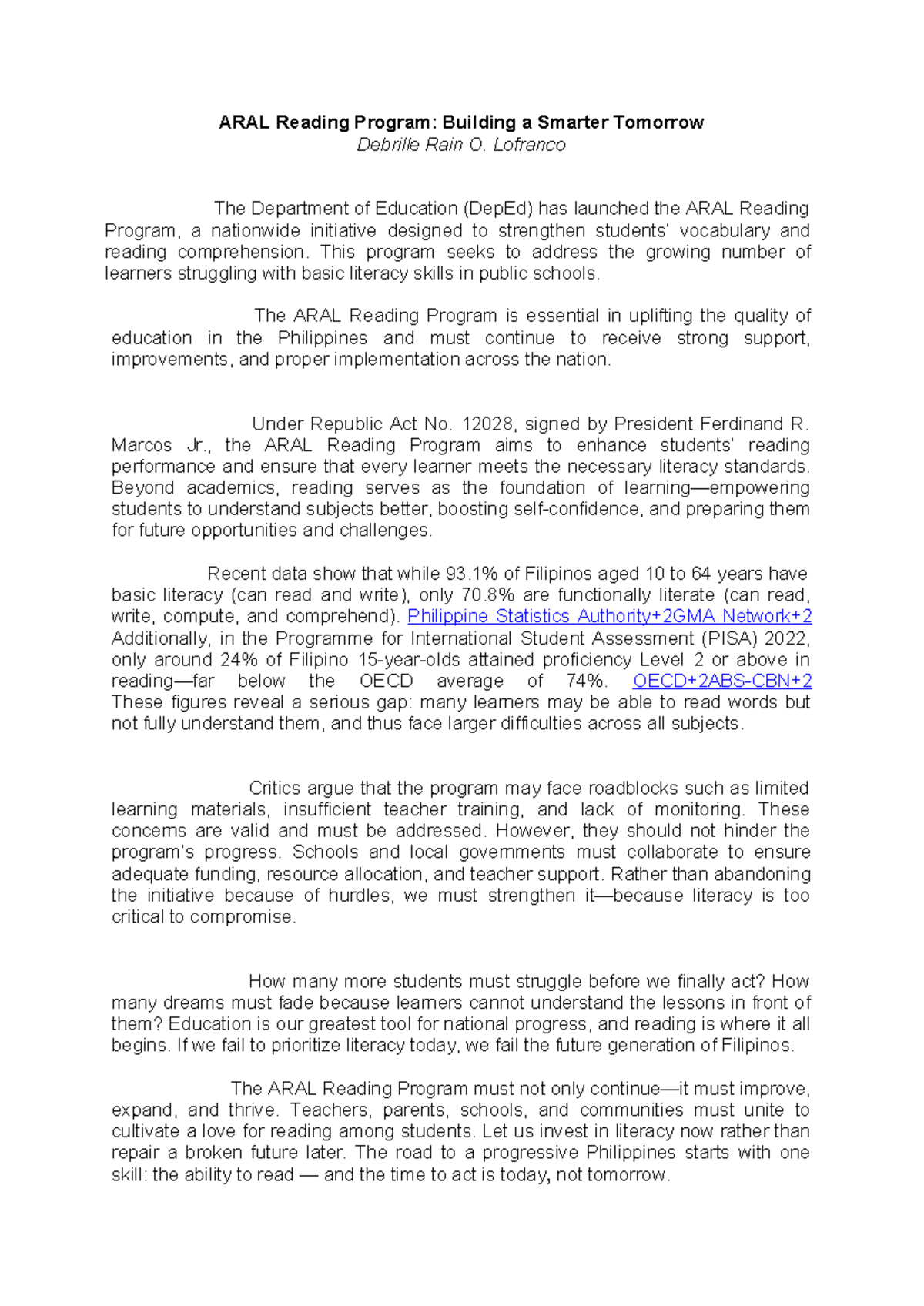 ARAL-Reading-Program: Enhancing Literacy for a Brighter Future - Studocu