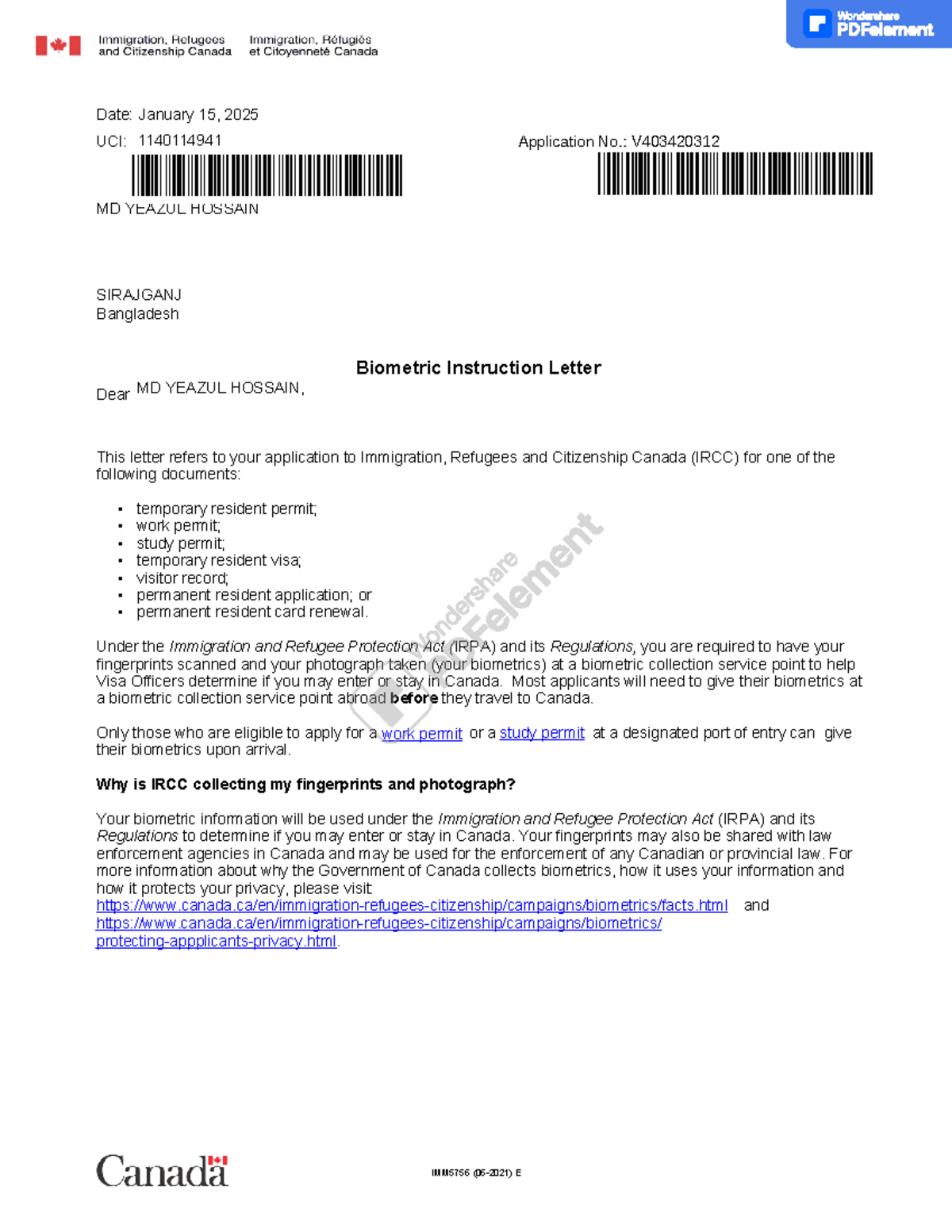 IMMI,,, Canada, - im not sure - Biometric Instruction Letter Dear This ...