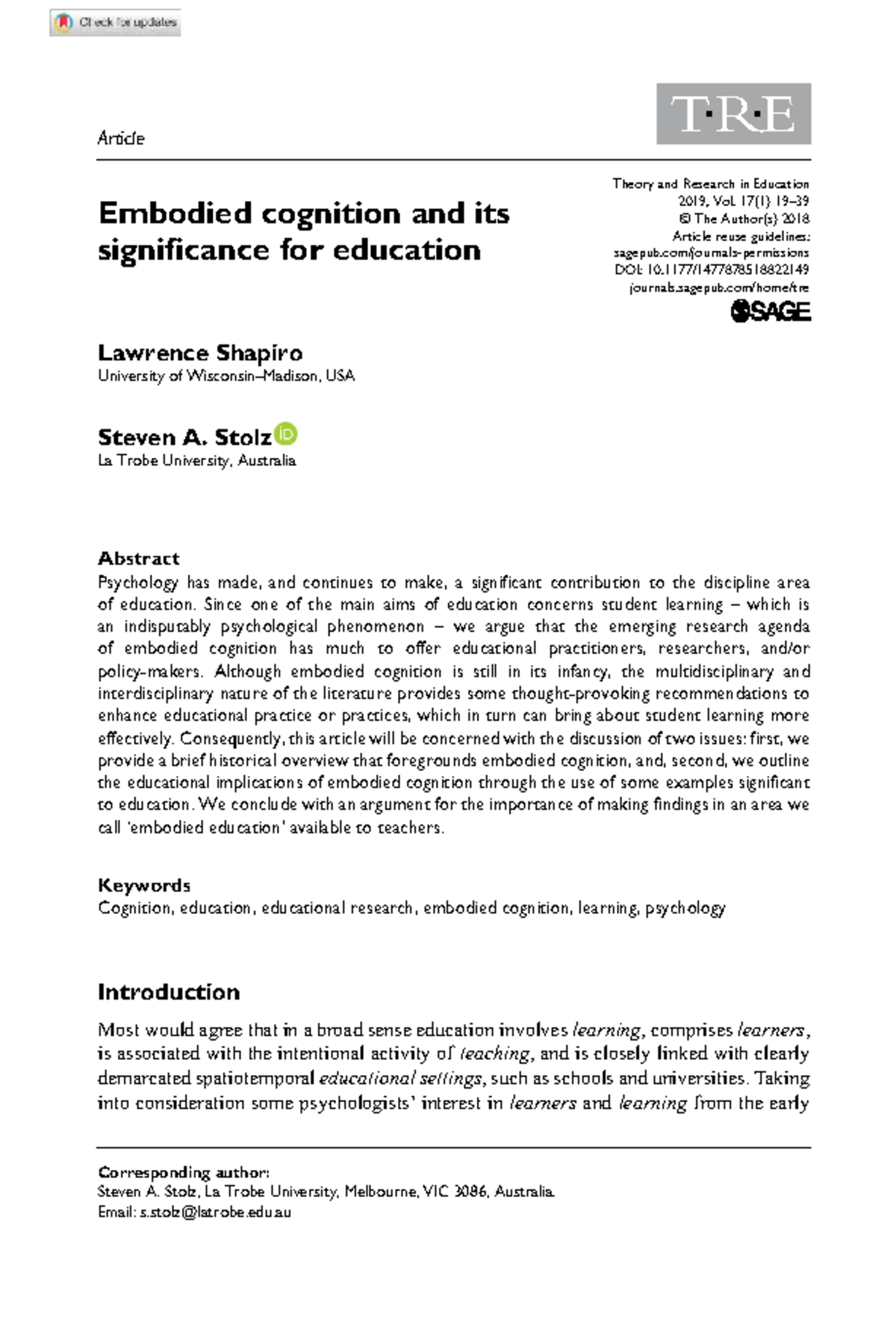 822149 - Embodied Cognition and Its Educational Implications: Insights ...