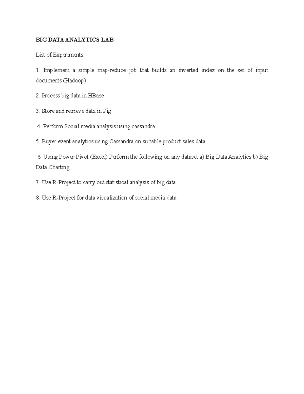 BIG DATA Analytics LAB - Experiments and Implementation Guide - Studocu