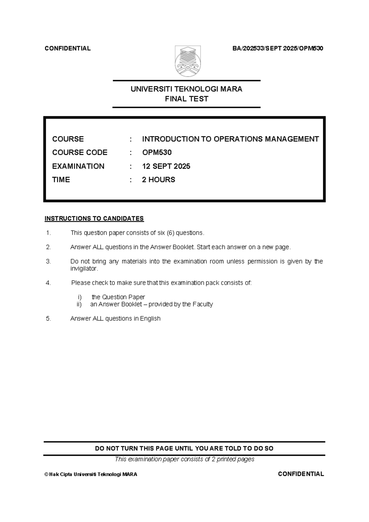Final Test OPM530: Introduction to Operations Management - Studocu