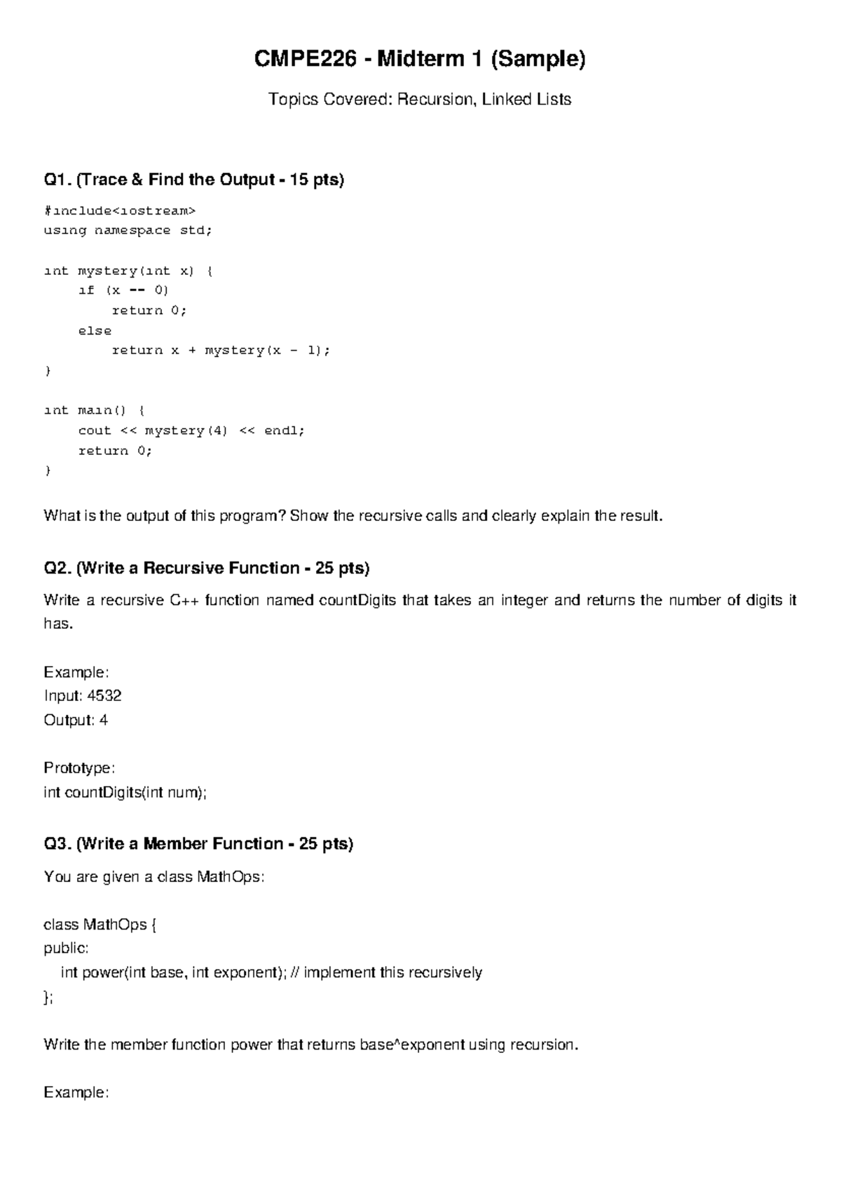 CMPE226 Midterm 1 sample questions on recursion and linked lists - Studocu