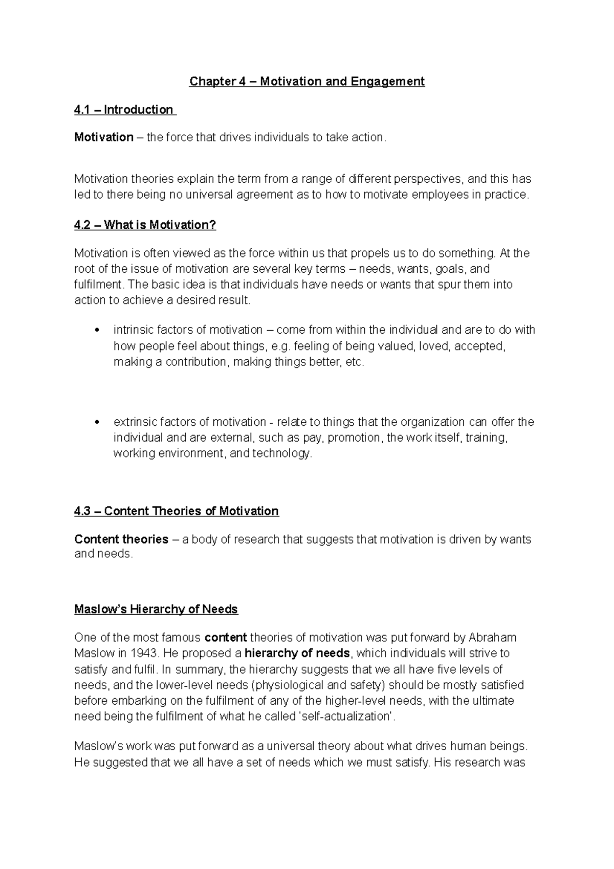 OB Chapter 4 Notes - Chapter 4 – Motivation and Engagement 4 ...