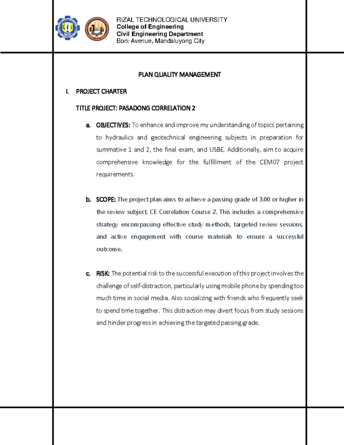 CEM07 Project 1: Plan Quality Management for CE Correlation Course 2 ...