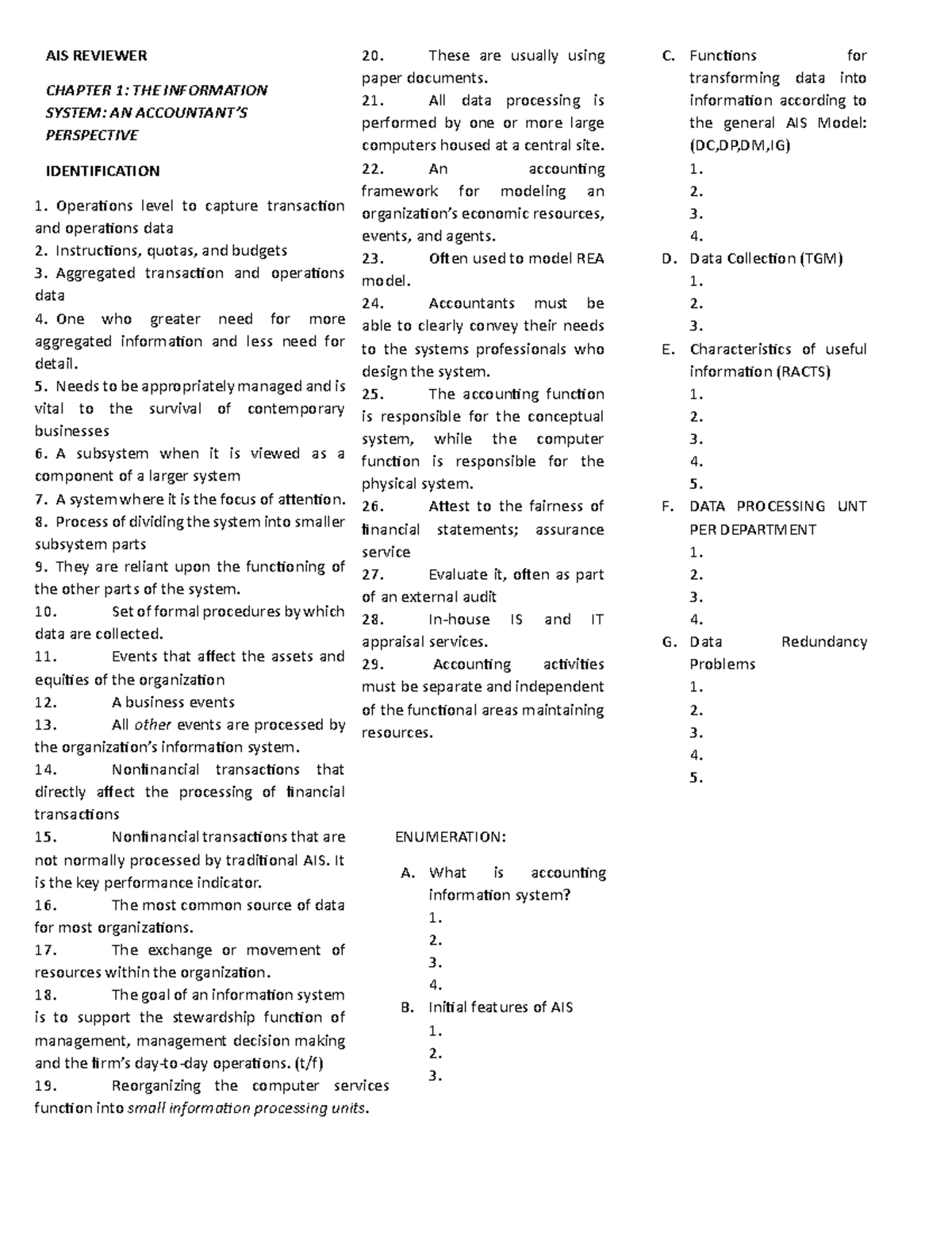 AIS REVIEWER: CHAPTER 1 & 2 - INFORMATION SYSTEMS & TRANSACTION ...