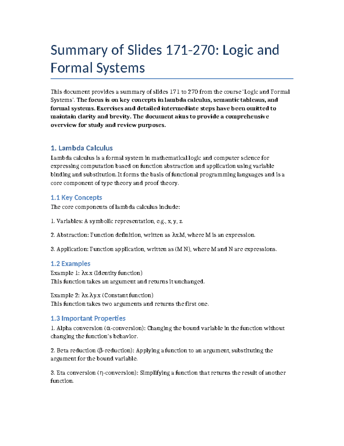 Logic and Formal Systems: Lambda Calculus Summary (Slides 171-270 ...