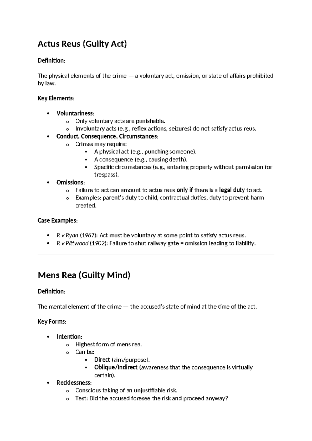 AR + MR - Actus Reus + Mens Rea summaries - Actus Reus (Guilty Act ...