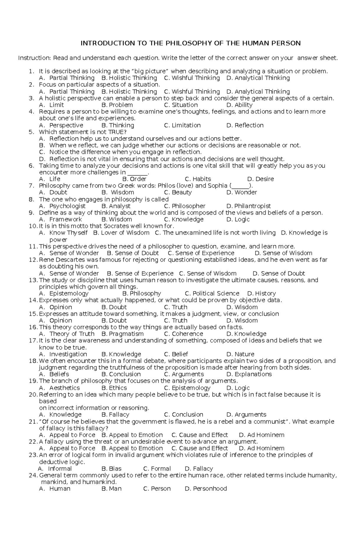 PHIL 101: Introduction to the Philosophy of the Human Person Exam ...