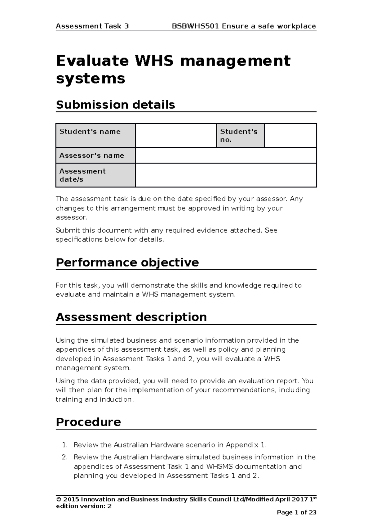Assessment Task 3 2 - ASSIGNMENT INFORMATION. - Evaluate WHS management ...