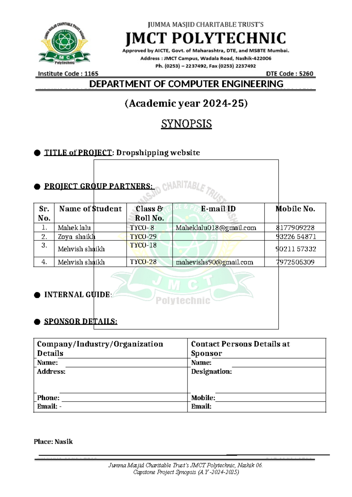 Synopsis for website - DEPARTMENT OF COMPUTER ENGINEERING (Academic ...