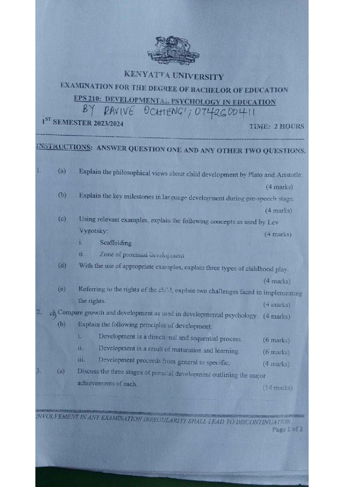 EPS 210: Developmental Psychology Exam Papers by Ravive Ochieng - Studocu
