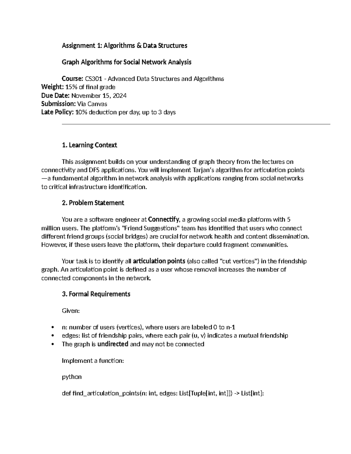 CS301 - Assignment 1: Graph Algorithms for Social Network Analysis ...