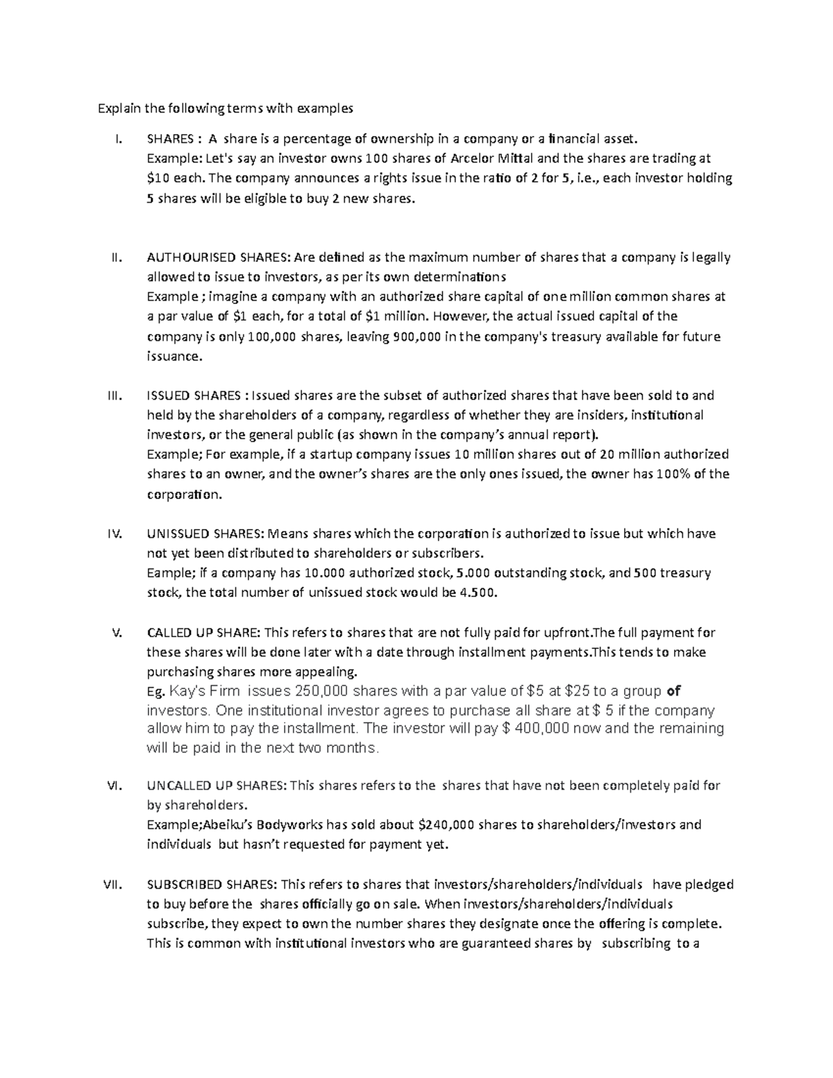 Accounting Group 4 - About shares - Explain the following terms with ...